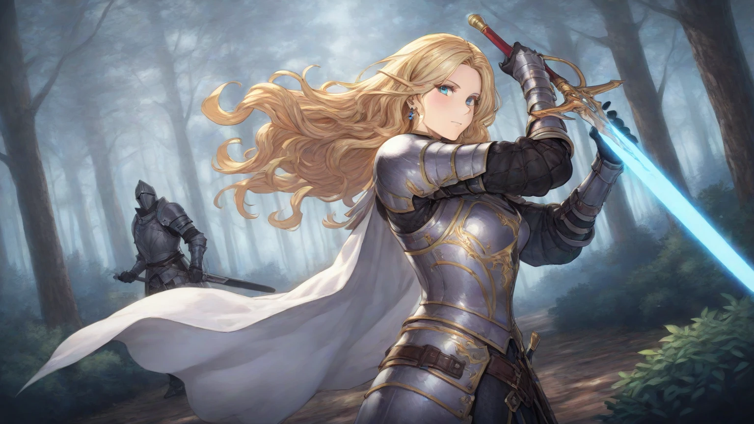 ((Finest quality)),(超A high resolution),(ultra-detailliert),(Meticulous portrayal),((Best Anime)),(Finest works of art),(Ultra-Precision Art),(The art of astounding depiction,Overwhelming depiction:1.5),(Detailed and detailed fantasy art), (Female Knight:1.5),((beauitful face:1.5)),(wicked:1.8),(A disaster with precise and detailed reliefs々dark jet black armor:1.5),(Thrust the sword into the ground:1.6)