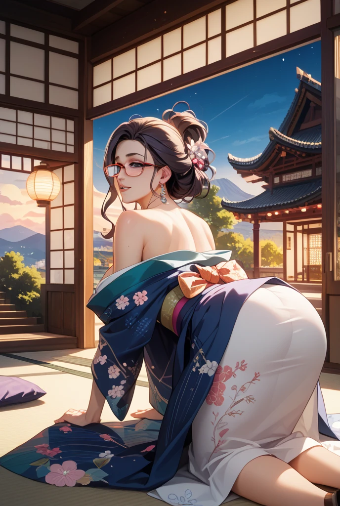 araffed asian woman with a flowered headpiece sitting on a mat, artwork in the style of guweiz, japanese goddess, trending on cgstation, beautiful alluring anime woman, beautiful digital artwork, extremely detailed artgerm, guweiz, artgerm. anime illustration, seductive anime girl, back view , naked top, no bra , wearing kimono , siting on kimono , long kimono , guweiz on artstation pixiv