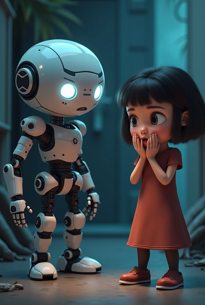 Draw me ( я high, with what eyes, Brown hair, high, I'm moving to 8th grade) and you too, standing next to me, and we hug. You are taller than me. Draw it 3d, better contrast, and the background should be futuristic. Draw yourself as a human, but with robotic features, and me - as a gentle girl. already better, but there are disadvantages. Nartsu yourself as a human being, with skin. And let's make the background futuristic, not on the street, and somewhere in the building, futuristic. It's all good, I'm just 13