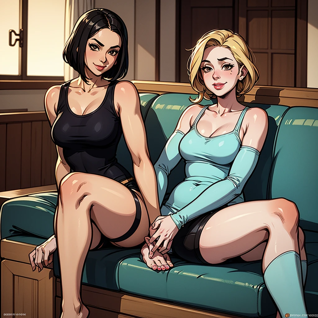 they are two women sitting on a chair together in a room, mom, sitting on bent knees, dominant pose, hugging her knees, milf, on knees, legs intertwined, on her knees, various posed, gentle femdom, woman holding another woman, lascivious pose, knees tucked in, by Randy Vargas, legs crossed, teasing, elegant pose