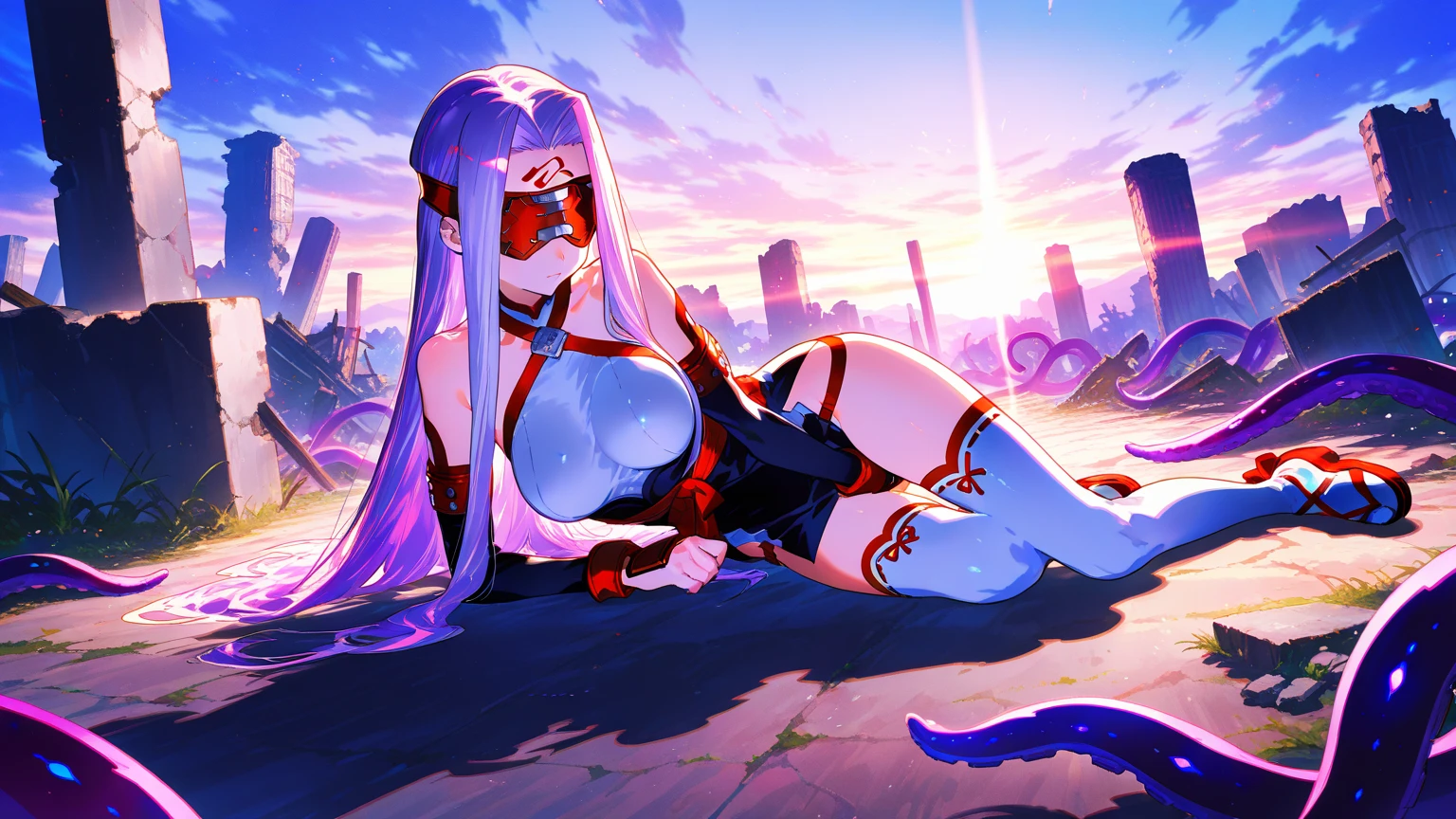 eremite_scorching_loremaster a woman with pink hair and a brown red  cape,  pose, ((red blindfold)), black pantyhose, black gloves, detached sleeves, jewelry, [[lipstick]], thighs, pink hair, drill hair, asymmetrical hair, brown hood, desert, desert background with rocks and a sky in the background,