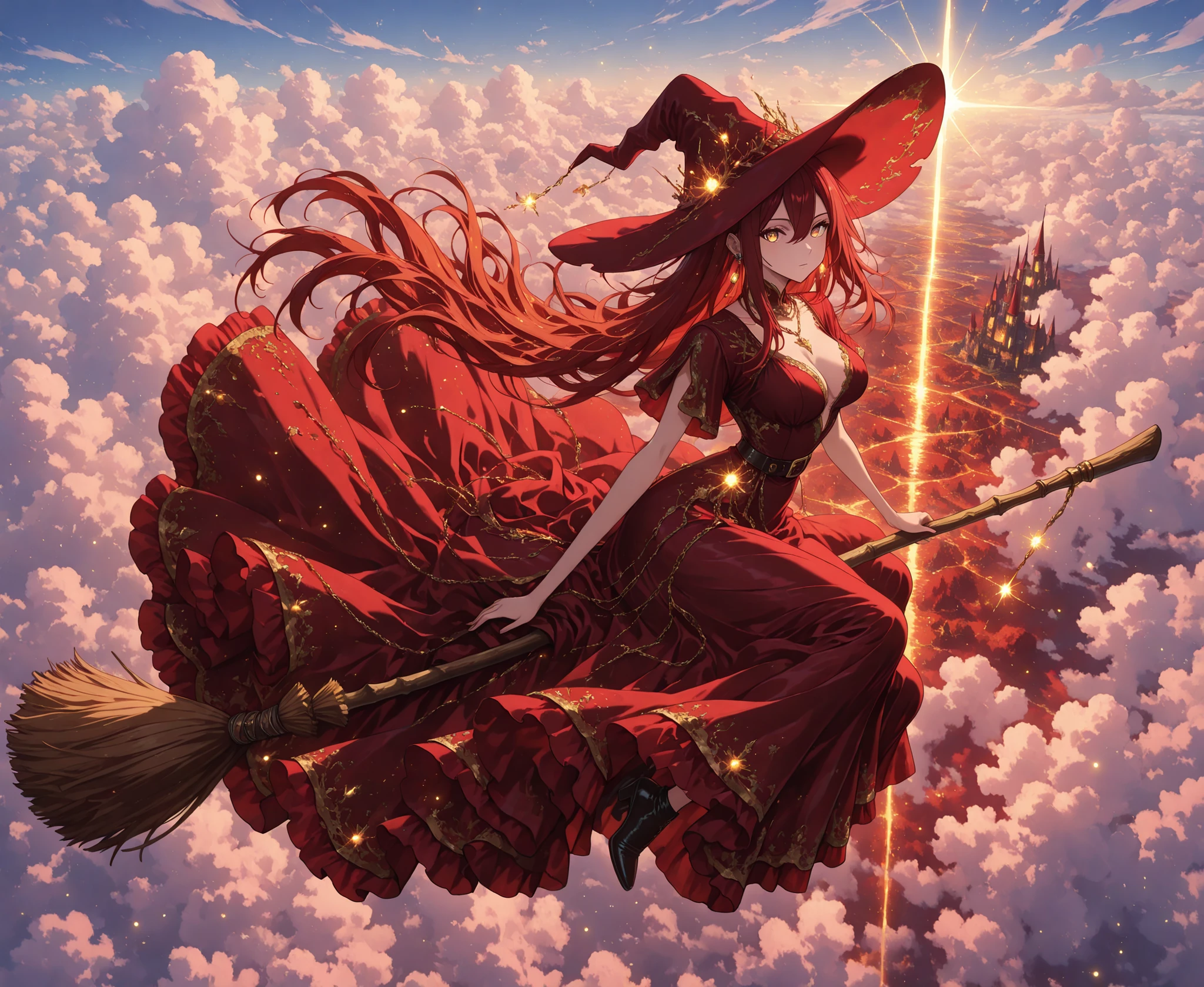 fantasy_dress_lora, ornate_outfit_style, elegant fantasy dress, enchanted outfit, asymmetrical fashion, layered fabric, shimmering fabric, magical embroidery, silk dress, flowing dress, fantasy jewelry, ornate accessories, intricate ornaments, rich colors,bioluminescent elements, magical light, glow bioluminescent elements, glow magical light, mystical atmosphere, captivating atmosphere, ethereal elements, exude charm and wonder,1 girl, Ryu Shana, golden eyes, ((burgundy hair)), (red hair:0.9), very long hair, hair between eyes, long sidelocks, , witch, red witch costume, huge witch hat, flying on broom, chain necklace, earings,  broom riding, solo,   sky, cloud, day, outdoors, dress, looking at viewer,   black footwear, belt, short sleeves, sidesaddle,   under her a  fantasy castle, isekai, fantasy world, kingdom,  colorful glass, transparent illustration, from above, wide shot, open arms for viewer, masterpiece, ultra detailed, very wide shot, ultra wide shot,perspective, cinematic lighting, cinematic shadows, scenery, 