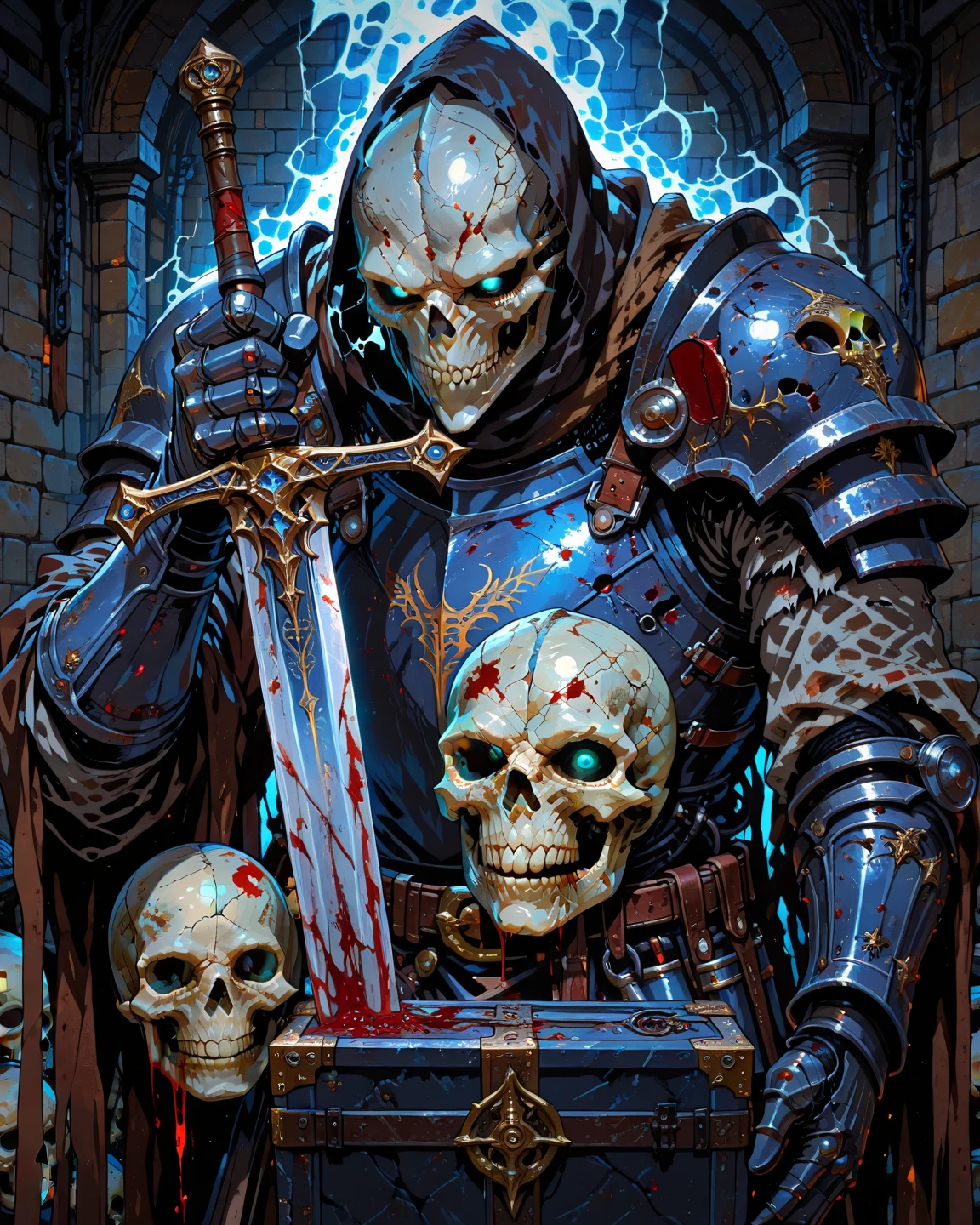 Bone knights are the champions of the Order of the Emerald Claw. (portrait), (one warrrior), (high detailed skull face), (just one knight 1.2), dark ambience, background cemitry, rpg, medieval fantasy