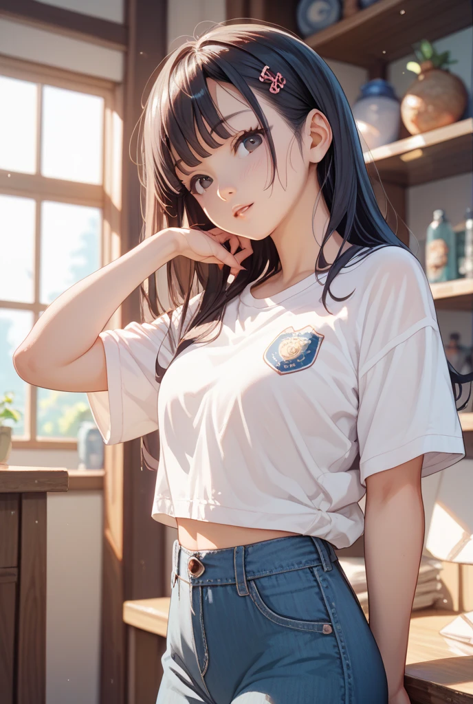 masterpiece. highly detailed. A beautiful Teen Shoko Komi as a cowgirl posing in a tight denim shorts, crop top. pìgtail. She is sitting on a fence outside a barn. sparkly hair. shiny skin.