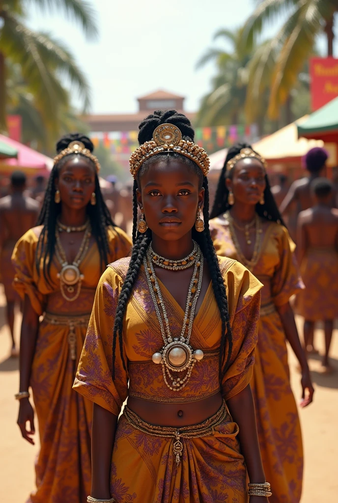 The image presents a vibrant scene rich in details, evoking the spirituality of traditional Candomblé and Umbanda entities. At the center, Maria Padilha do Cruzeiro das Almas is portrayed with elegance and charm, dressed in a red dress and adorned with shiny jewelry, while your face is hidden, maintaining mystery and respect for its spiritual essence. next to her, Tranca Rua de Imbaré appears in its characteristic clothing, including a hat and a cape, exuding an air of protection and authority, also with the face not visible, reinforcing its enigmatic presence. Tiriri, with their striking presence and colorful costumes, stands out for its energetic posture and expression of wisdom, without revealing the face, which adds a layer of mystery and reverence. Por fim, Zé Pilintra do Cais is represented in his traditional trickster outfit, including felt hat and striped shirt, conveying an aura of relaxation and charm, without showing your face, maintaining the symbolism and authenticity of his figure. standing together, these four characters form a harmonious whole, each bringing their own energy and contribution to the spiritual scene, while their faces are kept hidden to preserve the mystery and depth of their presence.