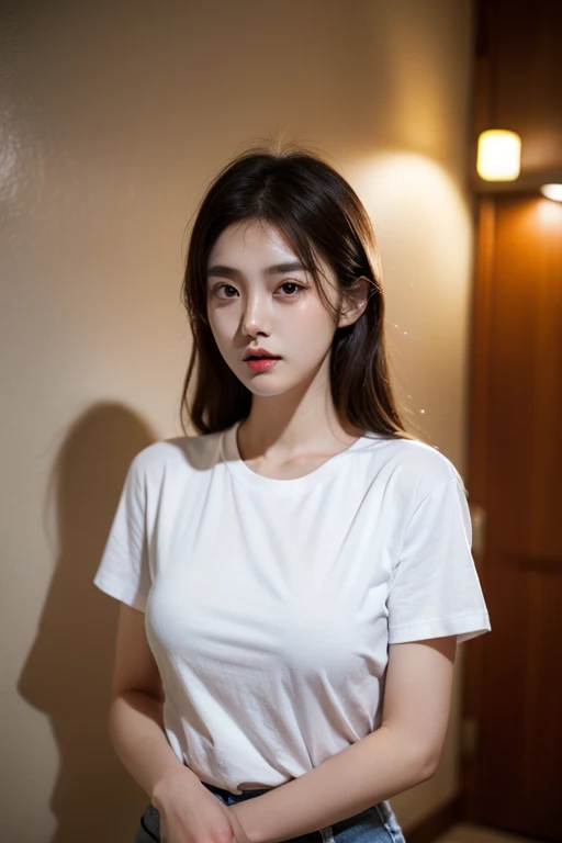 A person wearing a white T-shirt