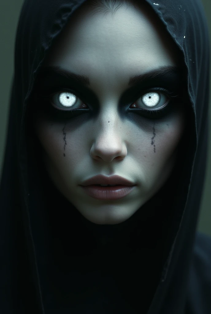 (masterpiece, best quality:1.4), portrait Solo, 50 years old, Pure blond straight hair, black clothes, (long hair) (((straight hair))), Detailed hair, Blue Eyes, beautiful eyes, light on the face, pale skin, a 50 year old mysterious, dark, woman, nun,