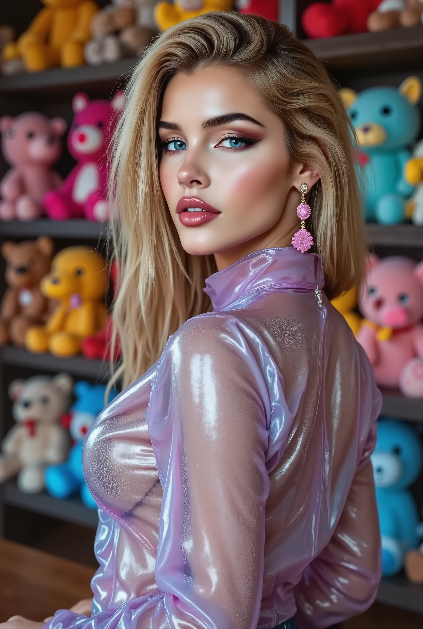 obra-prima, garota bonita em transparent latex blouse, XXXXG , transparent latex blouse, Latex in pink and light blue, Transparent PVC blouse, vollbusig, magro, organizado, shiny makeup, perfectly styled, pink earrings, Sexo y, , ultra detailed image, The bottom is a large bookcase with lots of stuffed animals of different colors
