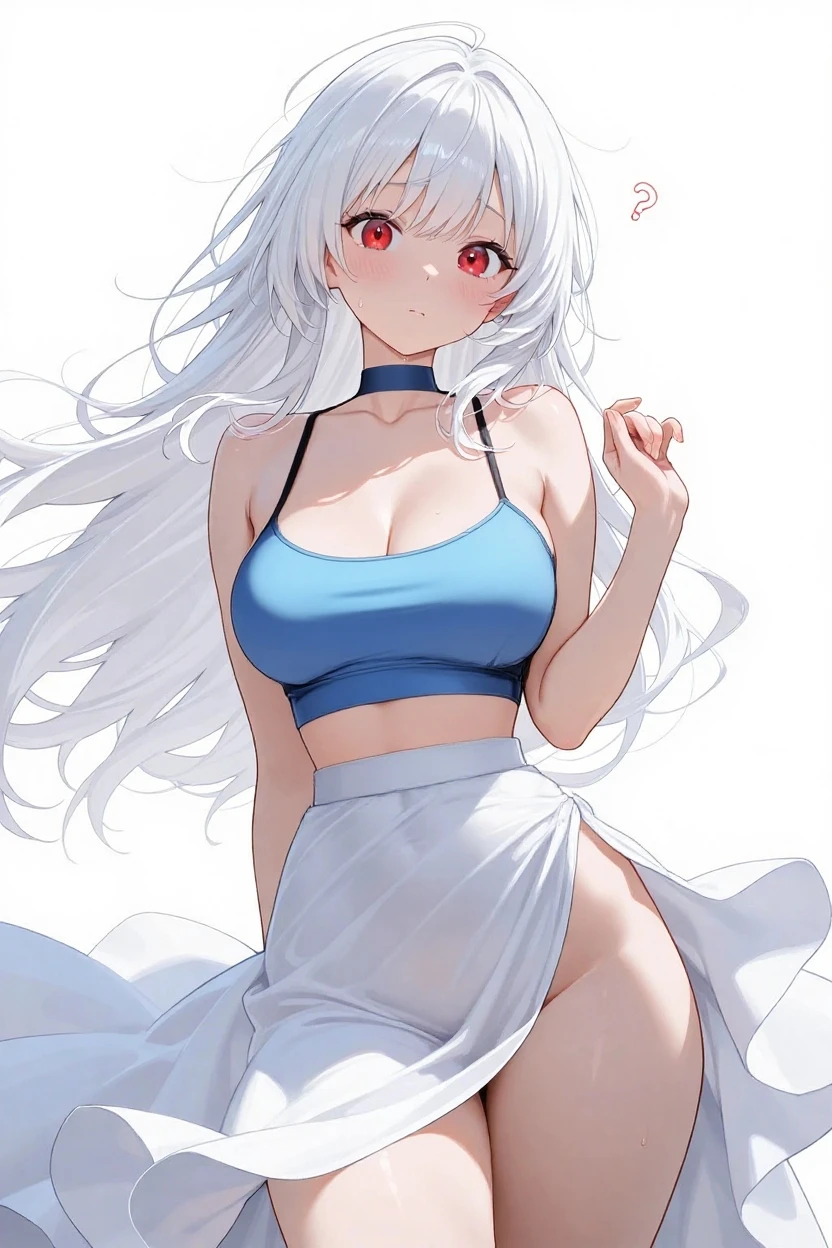 1girl, long white hair, blunt bangs, light pink eyes, large breasts, perfect body slim curves, big lips, parted lips, pastel aesthetic, shy, sensual, wearing plain white cami, wearing white booty shorts, white dog ears, white dog tail, white choker, outside city background, absurdres, high res, ultrasharp, 8K, masterpiece
