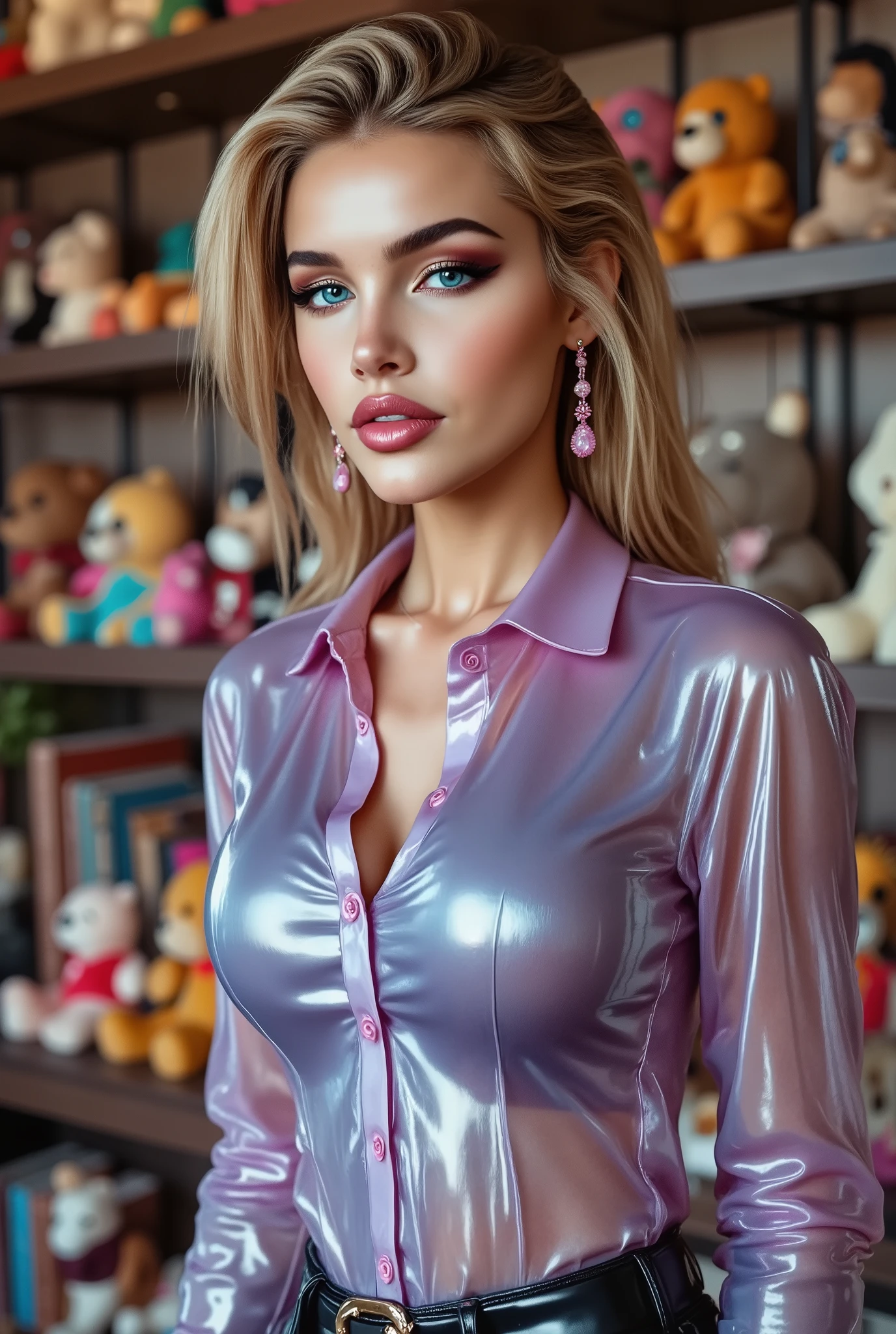 obra-prima, garota bonita em transparent latex blouse, XXXXG , transparent latex blouse, Latex in pink and light blue, Transparent PVC blouse, vollbusig, magro, organizado, shiny makeup, perfectly styled, pink earrings, Sexo y, , ultra detailed image, The bottom is a large bookcase with lots of stuffed animals of different colors