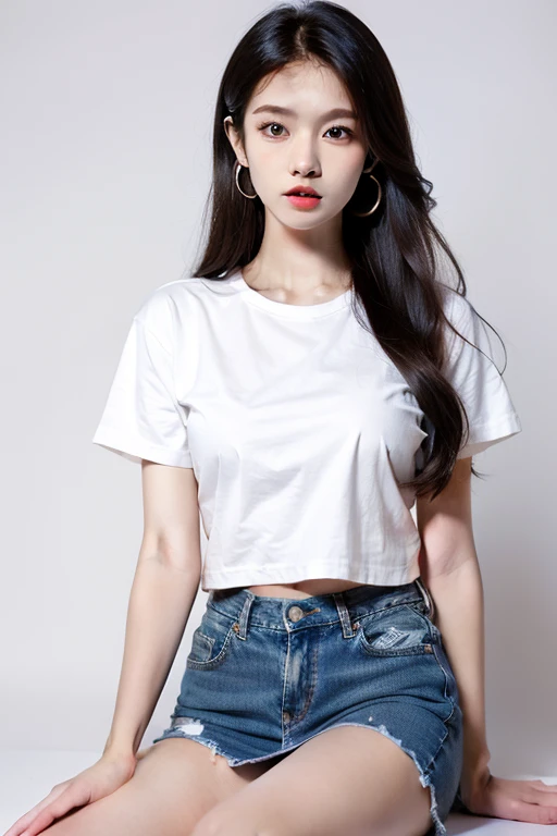 Asian woman araffed in a white top and jean shorts posing for a photo, linda jovem coreana, usando um top cropped sexy, quente com sol brilhando, usando top curto, com camiseta rasgada, coreana, linda mulher sul-coreana, linda jovem coreana, linda barriga, usando roupas simples e apertadas, 2 modelo feminino de 4 anos