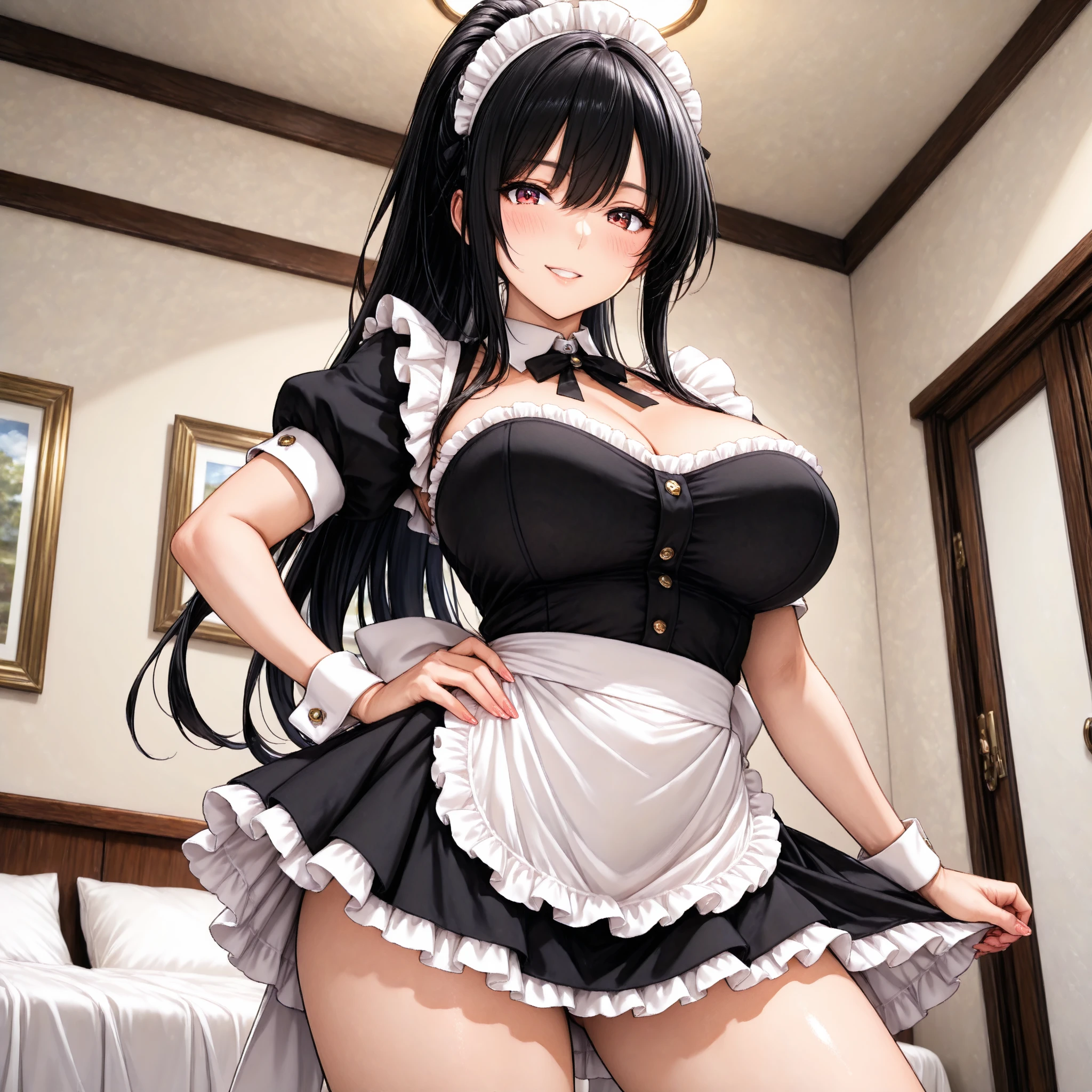 (solo), midage, (1 skinny girl standing), 12 years old, (bouncing huge breasts), very short torso, skinny narrow waist, skinny long legs, BREAK, frilled layered dress, cleavage, inconceivably wiry corset cinches waist too tight, (frilled too short skirt), (thigh gap), black thighhighs, stiletto heels, BREAK, ultimate orgasm, nose blush