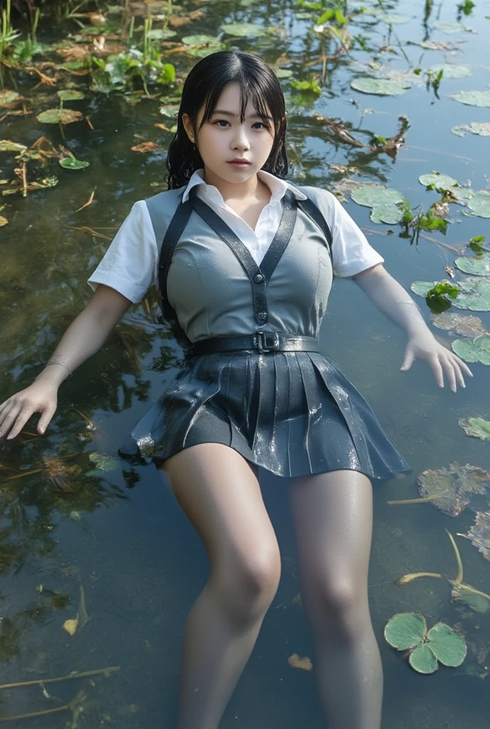 (Best quality, 8K, 32K, masutepiece), 2girls, longshot、Full body、Game screen、beautiy Japanese woman, narrowwaist, Kunoichi, Heavily wet and see-through fabric clothes、Sheer nipple,Take a break by the river、Light figure with equipment removed、Tired face、Open jacket, ninjas, random breast, Detailed face, Wet long ponytail,River in the mountains、early evening