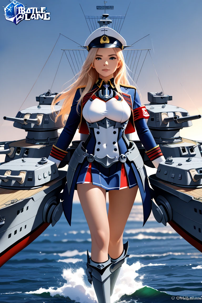 Blonde woman in white uniform poses on warship, azur lane style, A girl with a warship, photorealistic anime girl rendering, A scene from the《azur lane》videogame, high definition cgsociety, 3 D rendering character art 8 K, Tifa Lockhart with white hair, beautiful and seductive anime woman, Slim figure, Wearing a white military uniform, Moderate breasts,Nipple bumps,Not wearing a bra,stunning cgsociety,White skinny suit pants,military hat,black glove,legs separated,Full --auto
