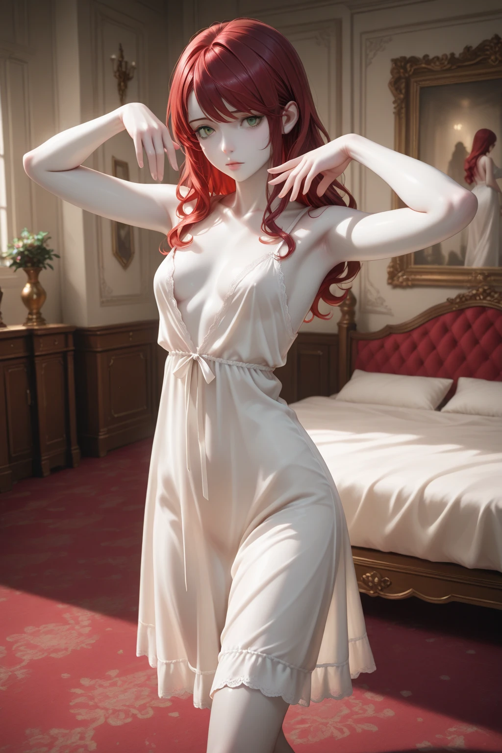 shokokomidef, Ultra realistic, 16k, high quality, incredibly detailed, dream aesthetic, dream atmosphere, Rias Gremory (from high school DxD), tall, realistic pale-red silky hair, hair messy fringe, turquoise real shiny eyes, long (pale-red) hair fluttering, blushing cheeks, pale skin illuminated,realistic perfect shading, absurdres, realistic textures, solo, alone, 1girl, tall, looking at viewer, standing, large realistic natural breasts, cleavage, pantyhose, royal white and golden nightgown with golden details (realistic texture), different positions at different angles, great royal bedroom (background unfocused), masterpiece, best quality, Photorealistic.