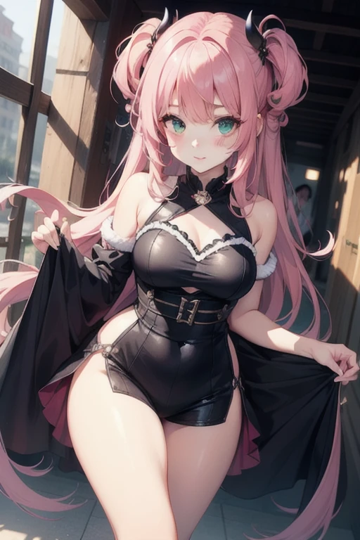 Top quality work,Photorealistic works,Ultra Premium Graphics,8K HD CG works,High-quality graphics,High-definition fine CG works,超A high resolution、(highres,masterpiece:1.2),detailed face,(upraised arms),blushing cheeks,shy expression,latex lingerie,standing against a stone wall in a dungeon,pale skin,vivid colors,sensual atmosphere,subtle lighting,erotic posing,Dynamic posing,alluring pose, (pink hair)