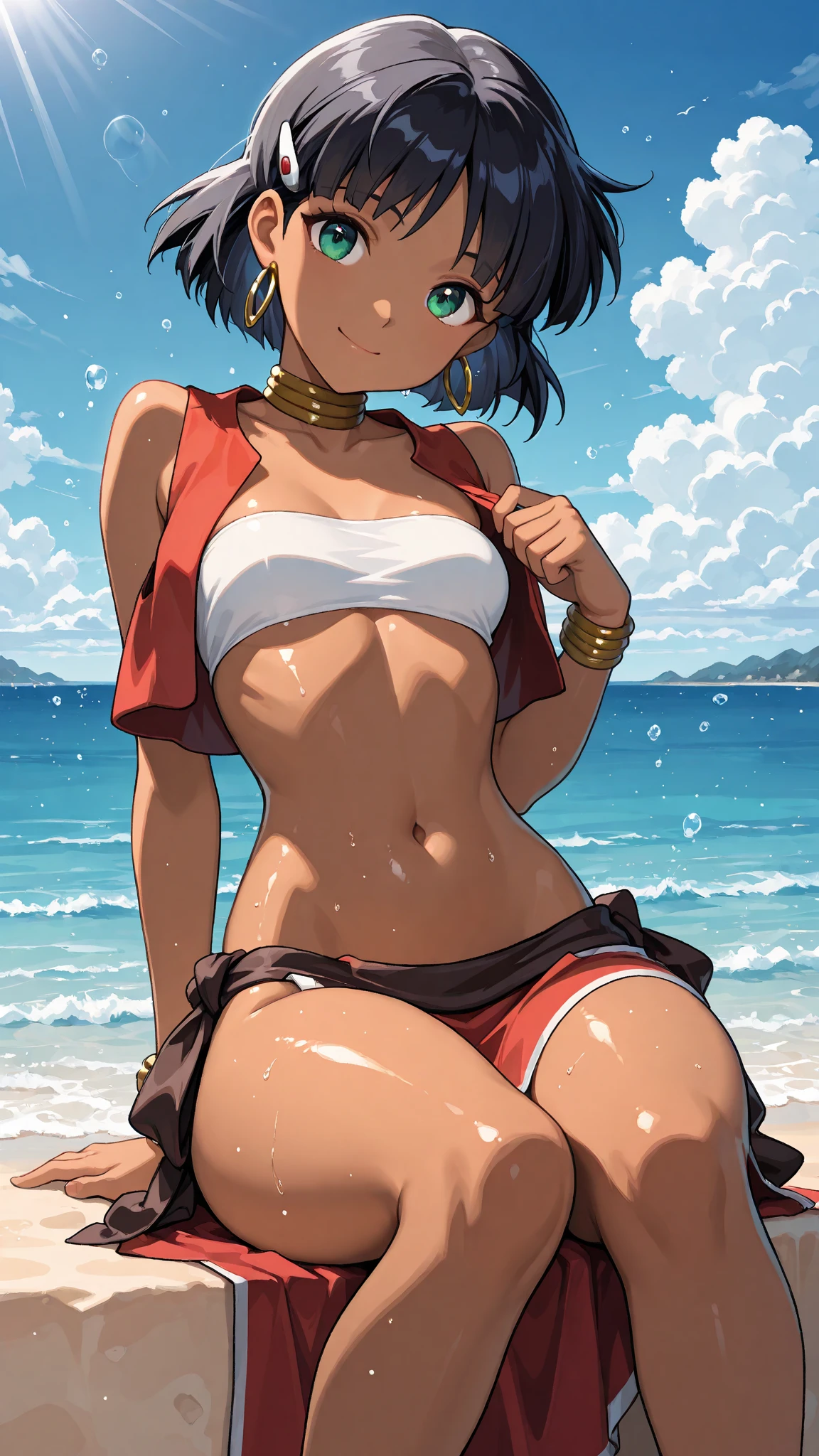 ((Highest quality, masterpiece, High resolution))、Beautiful Japanese Women、((Real anime art))、 ((1 girl))、 Normal size breasts、Slim figure、Medium Short Hair、double eyelid、Wet see-through bikini、A pareo with bold ethnic patterns and plenty of primary colors.、Realistic Skin、Wet、whole body、Cinematic Light、tropical、On the sunny beach、With the sea in the background、Blur the background、Look back