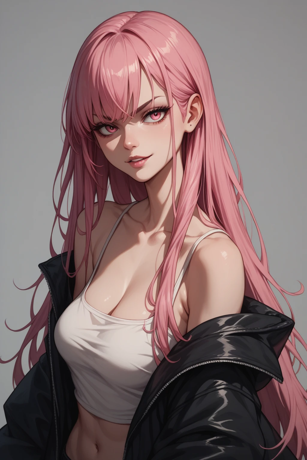 pink hair, grey eyes with pink pupils-crosses, cleavage, beautiful dress, accessories, round sunglasses on top of the head, straight hair, wavy front strands, cheeky grin, Removed bangs, black dress