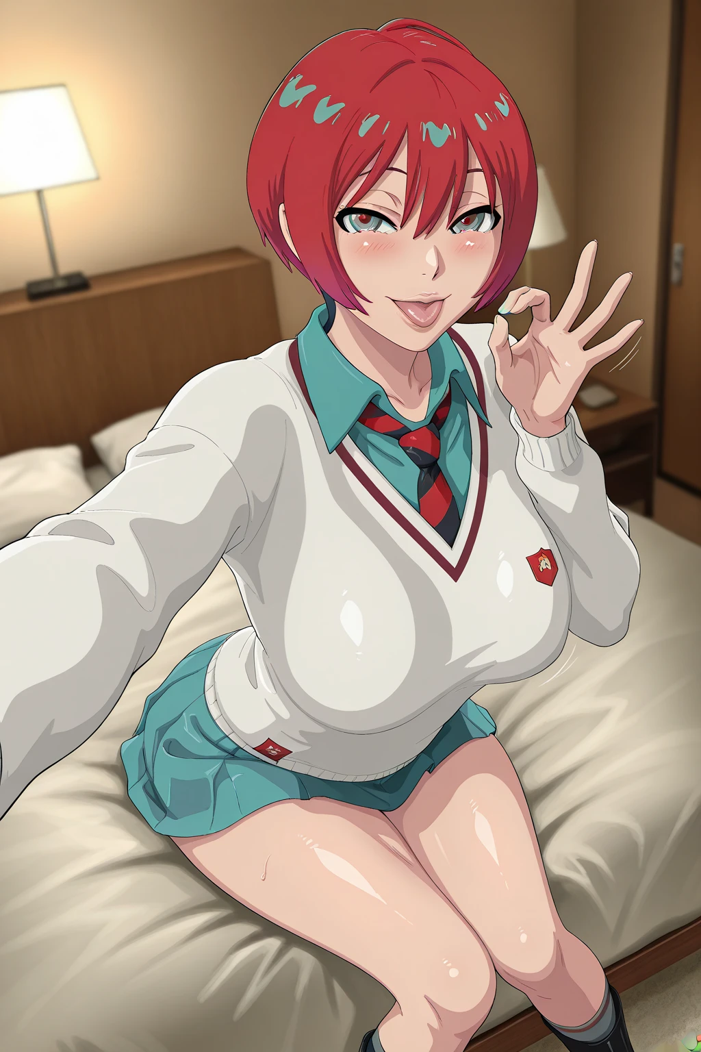 Maki nishikino,love live,highres,red hair , purple eyes,blush ,bare legs ,barefoot,bed ,cleavage ,collarbone ,doctor , licking lips,infirmary ,lab coat ,leaning forward , girl on top,pov,on bed ,pencil skirt , cowgirl position , sitting on top