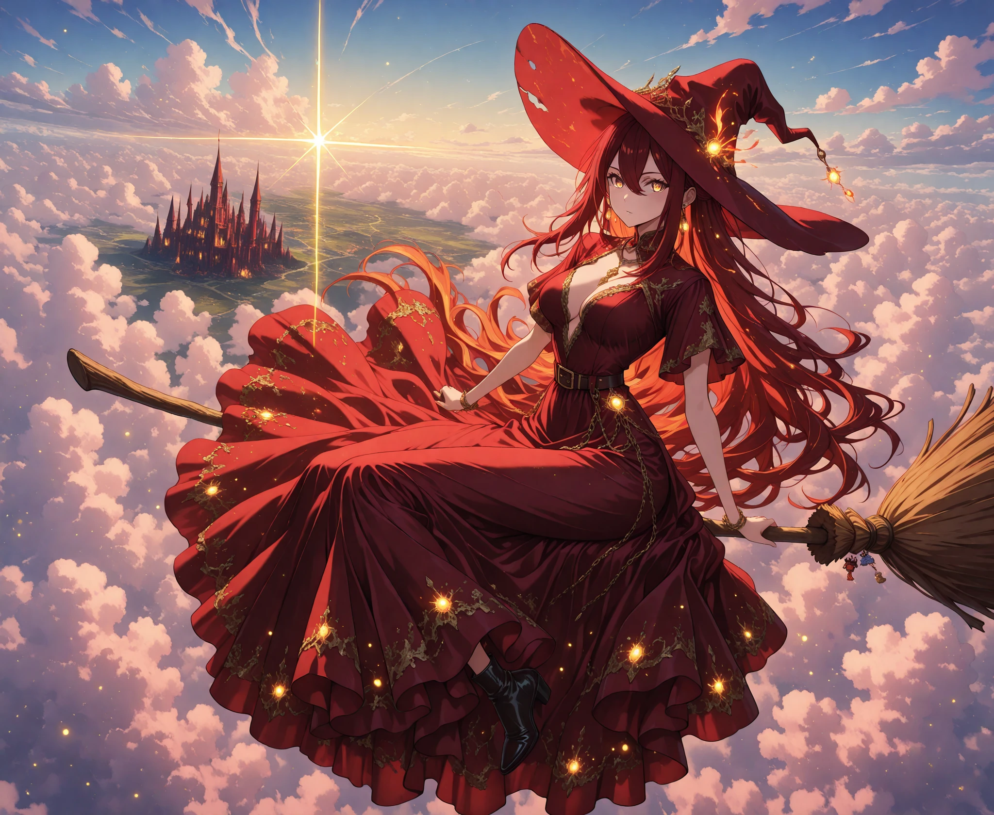 fantasy_dress_lora, ornate_outfit_style, elegant fantasy dress, enchanted outfit, asymmetrical fashion, layered fabric, shimmering fabric, magical embroidery, silk dress, flowing dress, fantasy jewelry, ornate accessories, intricate ornaments, rich colors,bioluminescent elements, magical light, glow bioluminescent elements, glow magical light, mystical atmosphere, captivating atmosphere, ethereal elements, exude charm and wonder,1 girl, Ryu Shana, golden eyes, ((burgundy hair)), (red hair:0.9), very long hair, hair between eyes, long sidelocks, , witch, red witch costume, huge witch hat, flying on broom, chain necklace, earings,  broom riding, solo,   sky, cloud, day, outdoors, dress, looking at viewer,   black footwear, belt, short sleeves, sidesaddle,   under her a  fantasy castle, isekai, fantasy world, kingdom,  colorful glass, transparent illustration, from above, wide shot, open arms for viewer, masterpiece, ultra detailed, very wide shot, ultra wide shot,perspective, cinematic lighting, cinematic shadows, scenery, 