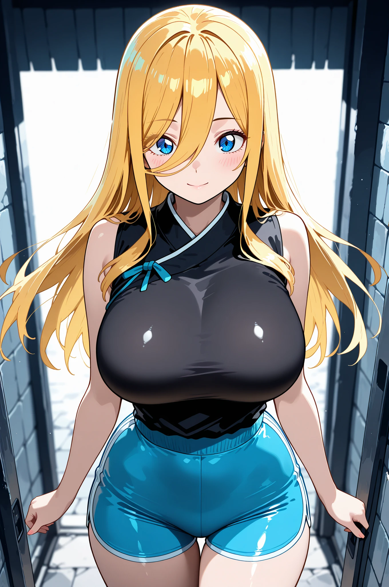 (((link(the legend of the zelda and school uniform covered full body))),((gender bender,yellow hair,blue_eyes,cowboy shot,hair between eyes)),((link(the legend of the zelda) is a milf and lascivious,42 years old,huge breasts and breasts swelling,school uniform covered full body))