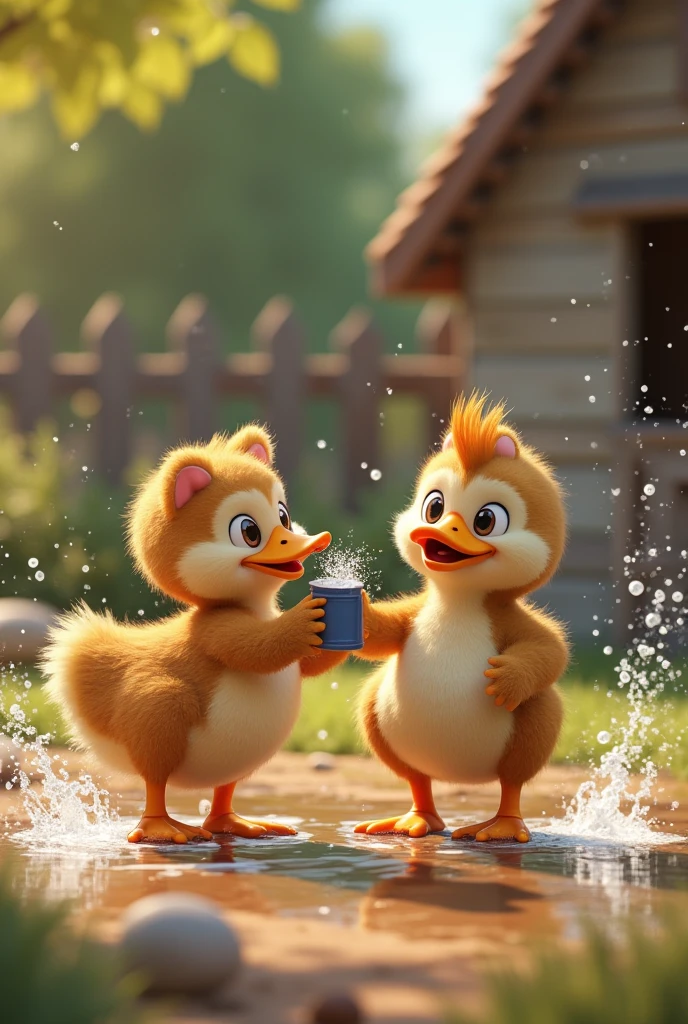 Goose and Winnie the Pooh are sitting happily on the grass in the forest on a sunny summer day and drinking beer from beer mugs
