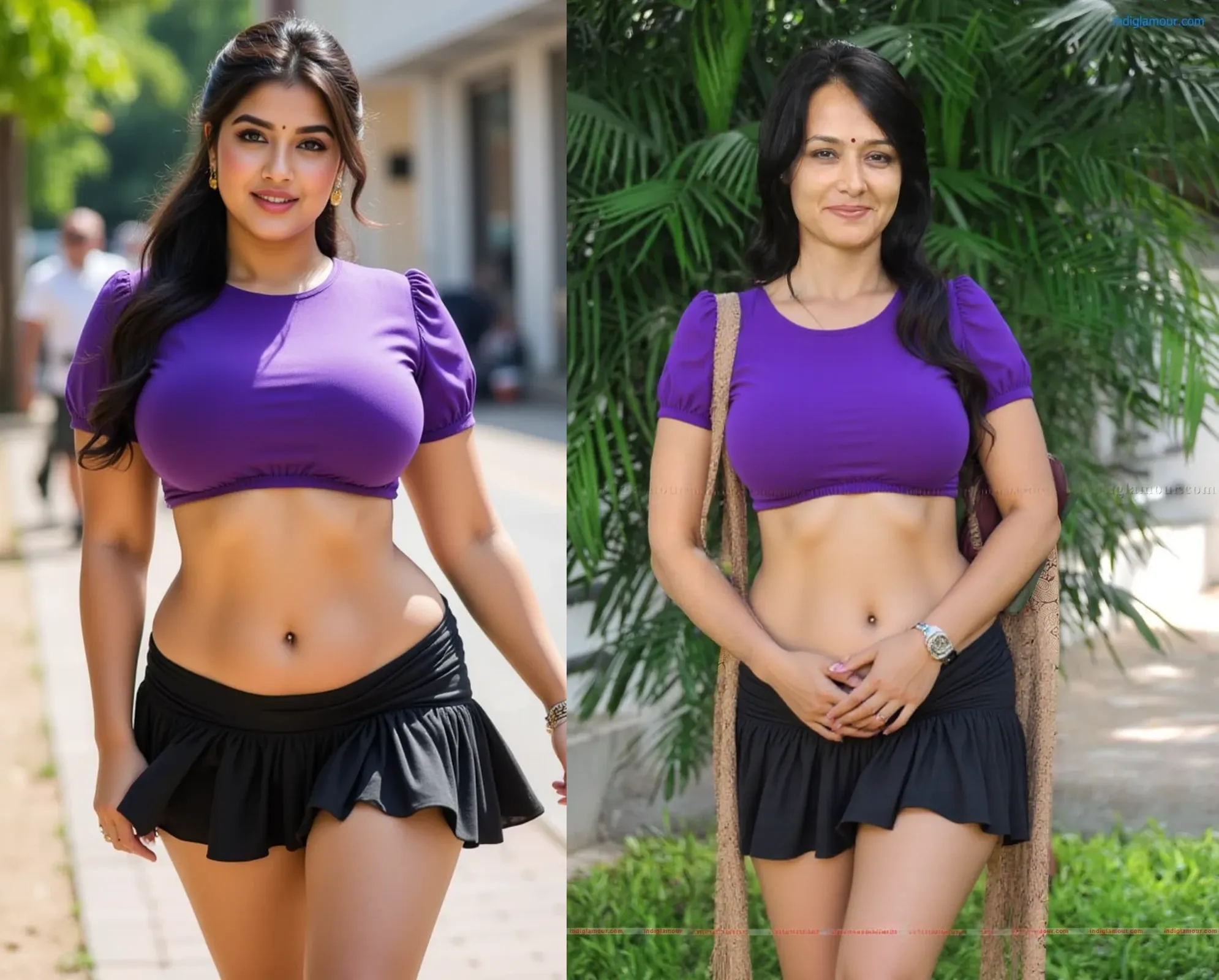 ((Splitscreen:1.3)), a (full body view:1.3) of a 25-year-old Indian Kerala woman bathing in a waterfall wearing purple bikini((multiple angles views:1.5)),(sexy:1.3),deep cleavage, (dark skin:1.2), wearing glasses, updo,(anatomically correct:1.3), upclose