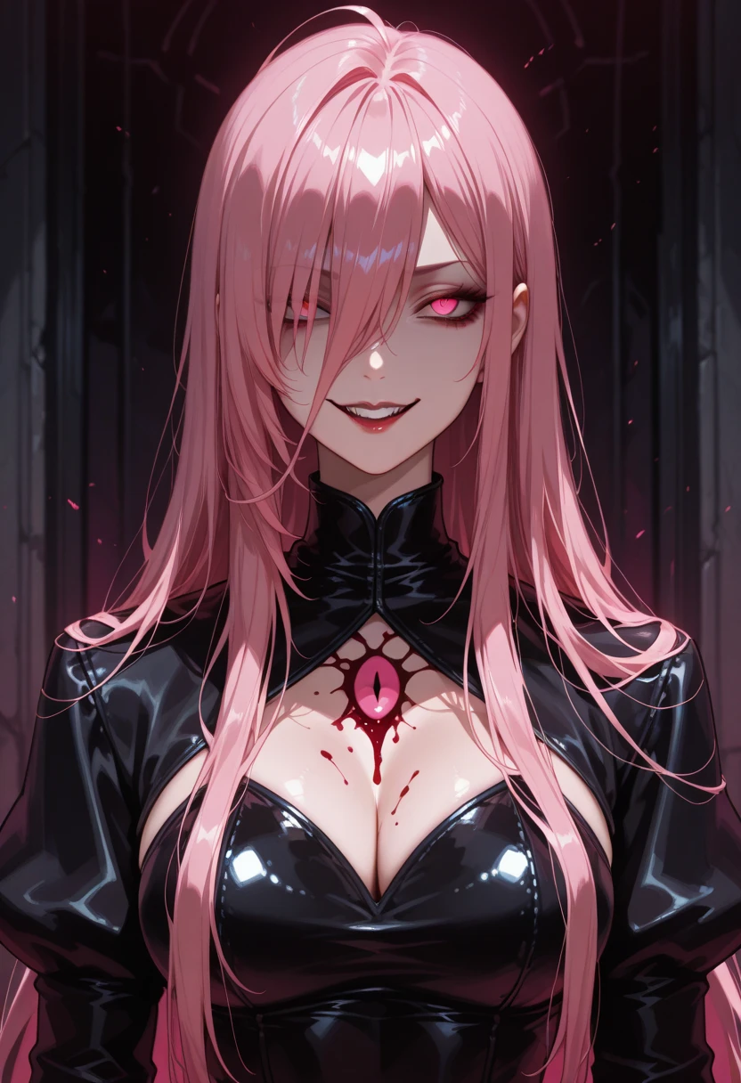 (best quality, hyperdetailed photography:1.2), beautiful lady, freckles, gothic dark makeup, soft light, perfect breast, cover, (detailed beautiful face, detail skin texture, ultra-detailed body:1.1) sexy vampire girl, red eyes, perfect body, skull, blood, pink hair
