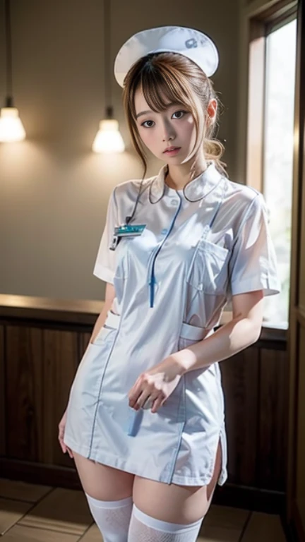 《The role of artificial intelligence》。(((virtual character design:cardiologist。woman,20 years old,short white hair,exquisite face,Beautiful makeup,skin details,smile)))。((white technology nurse))。((The details are extremely realistic.)), illumination, light and shadow, Octane rendering, 8K, Super sharp,complex, Accessory details,atmosphere