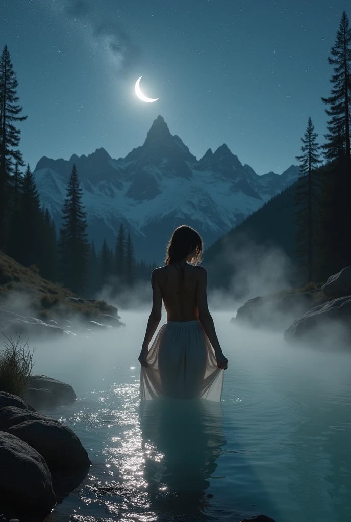 create detailed fantasy picture of a blonde woman swimming in a lake, she is naked, there are water lilies, mountains in the background, dark clouds, Rain, full moon