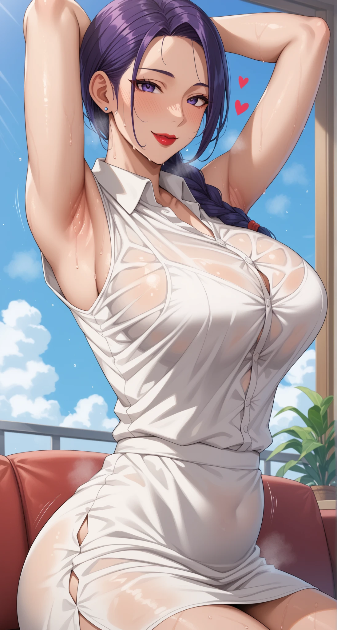 ((masterpiece,intricate details)),1girl,mature female,brown eyes,smile,large breasts,thick thighs, wide hip,BREAK sit, spread legs,office lady uniform,miniskirt,((thighhighs)),high heels BREAK day,windy,blue sky,cumulonimbus,((cowboy shot)),from side:1.3,depth of field,looking at viewer