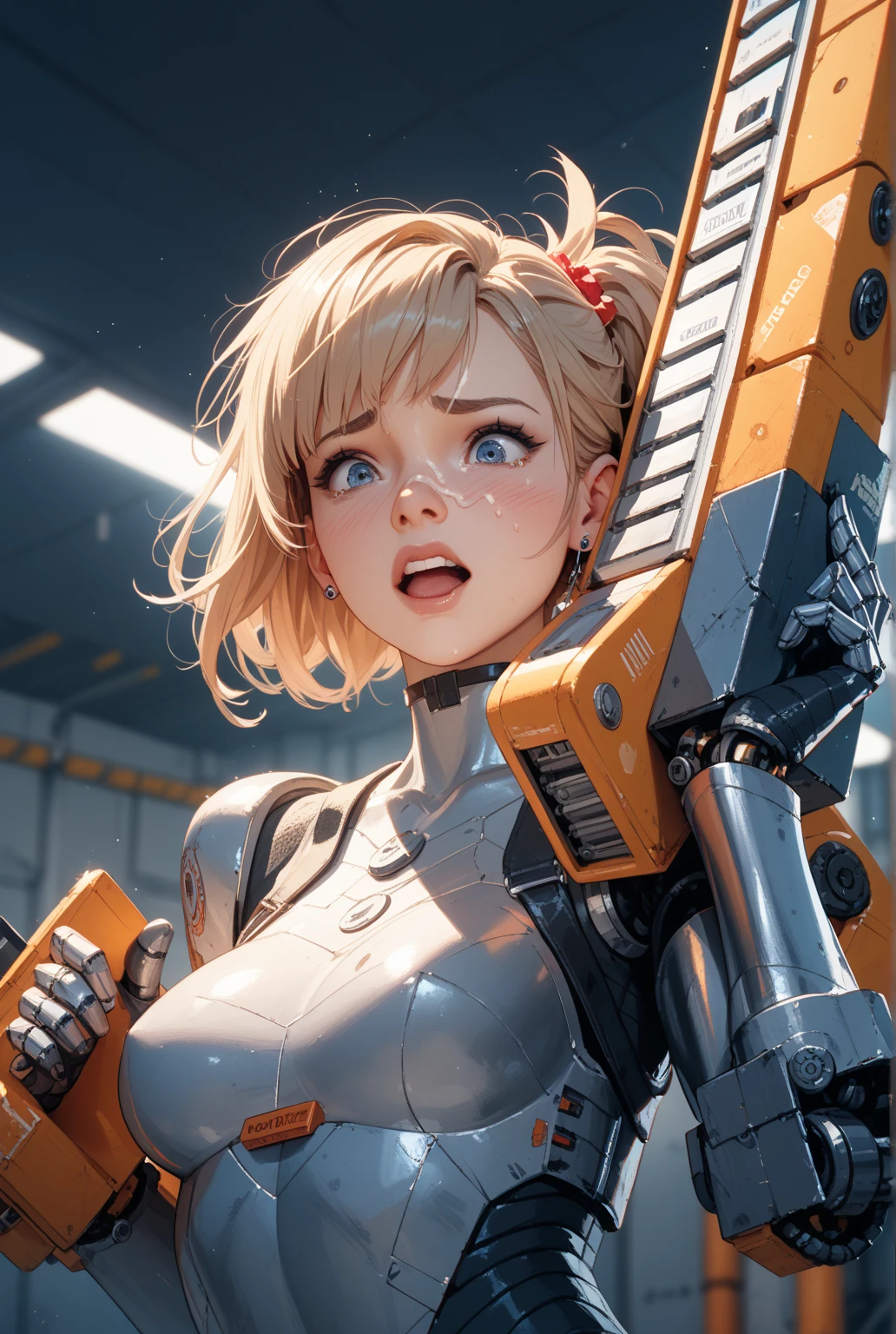 (android girl \(itou\):1.9), (ð¤:1.2), (alia \(mega man\):1.15), (damaged, malfunction, mechanical parts, shocked, electrocuted:1.8), <lora:Alia_Mega_Man_X_V-09:0.7>, alia_megamanx, mega man x \(series\), android, reploid, mechanical boots, (robot ears:1.35), (porcelain skin:1.4), robot joints, 1other, (manga realistic:1.2), (latex:1.3), (robotic reveal:1.5), reflective sheen, (mechanical hands:1.5), soft lighting, Epson PhotoPC 500, blue pupils, antennae, (blonde pubic hair:1.25), (wide-eyed:1.3), In the best illumination, this official art captures the moment when the elegant robot girl is frightened, with left arm wounded. The wide shot showcases polished and light-reflected robotic details including robot joints, machinery dress and pinkish metal skin, embodying an aesthetically pleasing view of this perfectly robotic little princess. The glowing armor, shiny mechanical straight hair, intricate mechanical parts assembled together and robot ears contribute to the ravishing aesthetic, exuding mechanical beautiness. But the gynoid is endangered, electrocuted and revealing her inner robotic frame. Her right hand is holding her damaged left arm to block more damage. Inner pupils in mechanical eyes are glowing red, with full of anxiousness. roboti