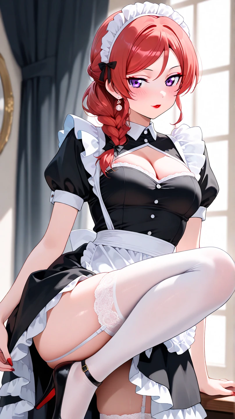 maid costume, pantyhose, lifted her skirt and revealed her panties