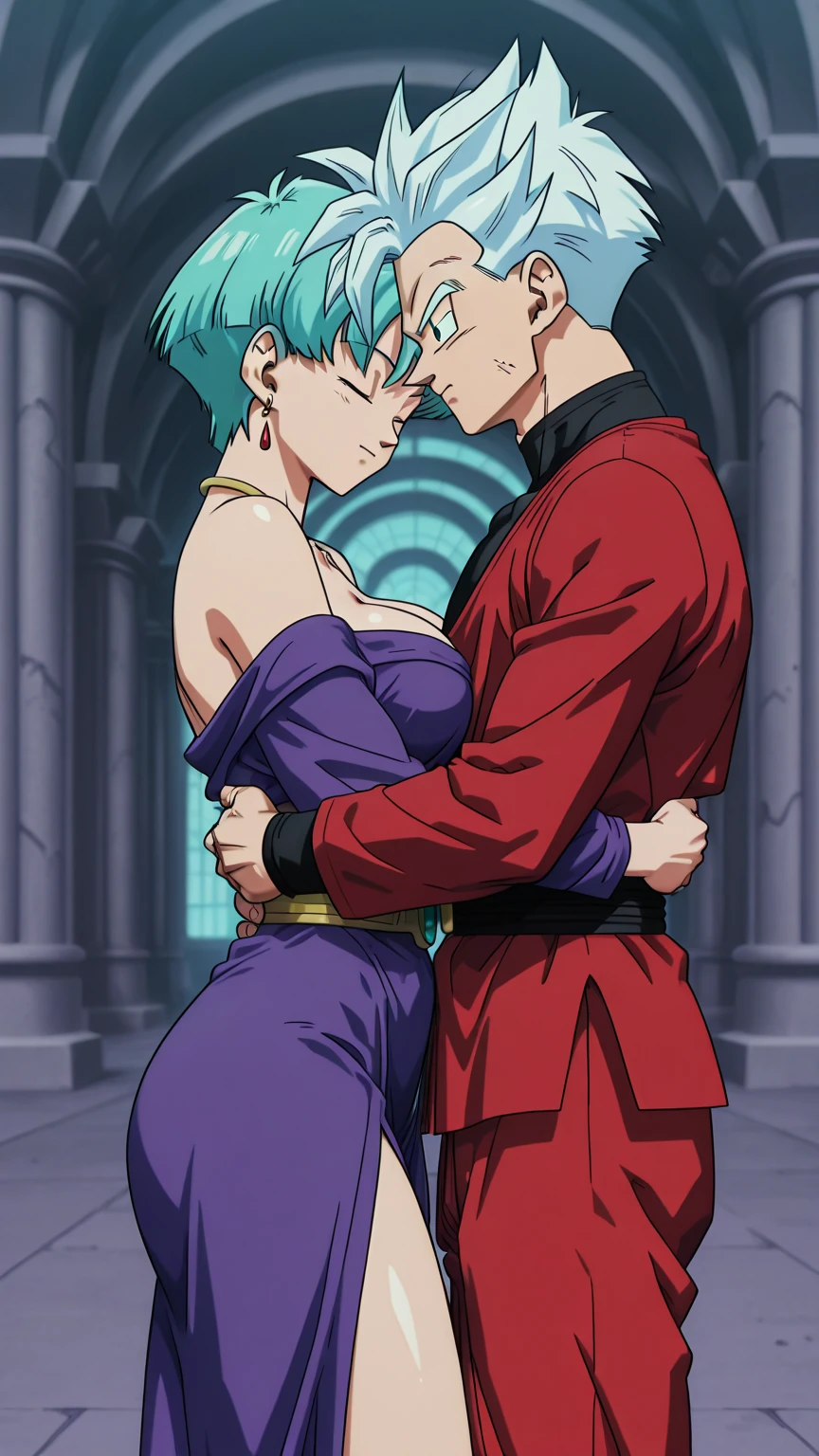 Lena with short dark blue hair hugging Zoro with green hair, strong man in love standing, walking