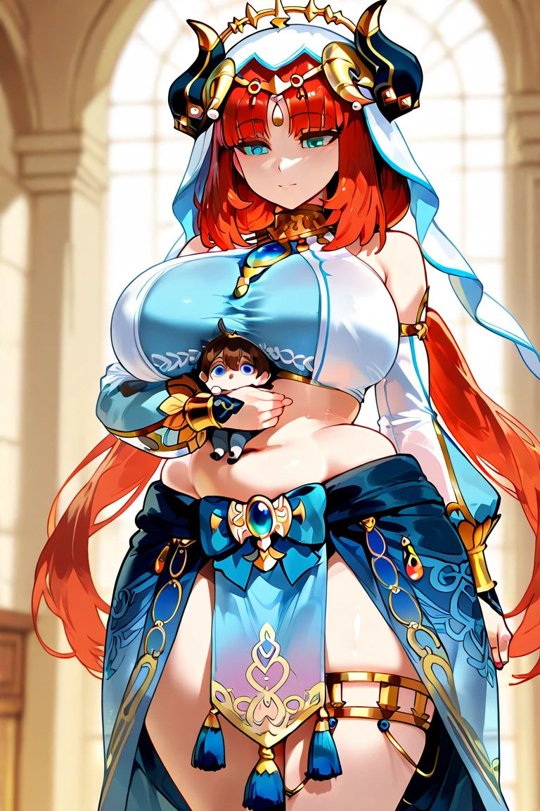 (masterpiece), best quality, expressive eyes, perfect face,Mature female,1 girl (nilou,Genshin impact),(harem outfit,exposed midriff,topless),royal bedroom background,medium breasts,smile,topless,nipple,slim figure,