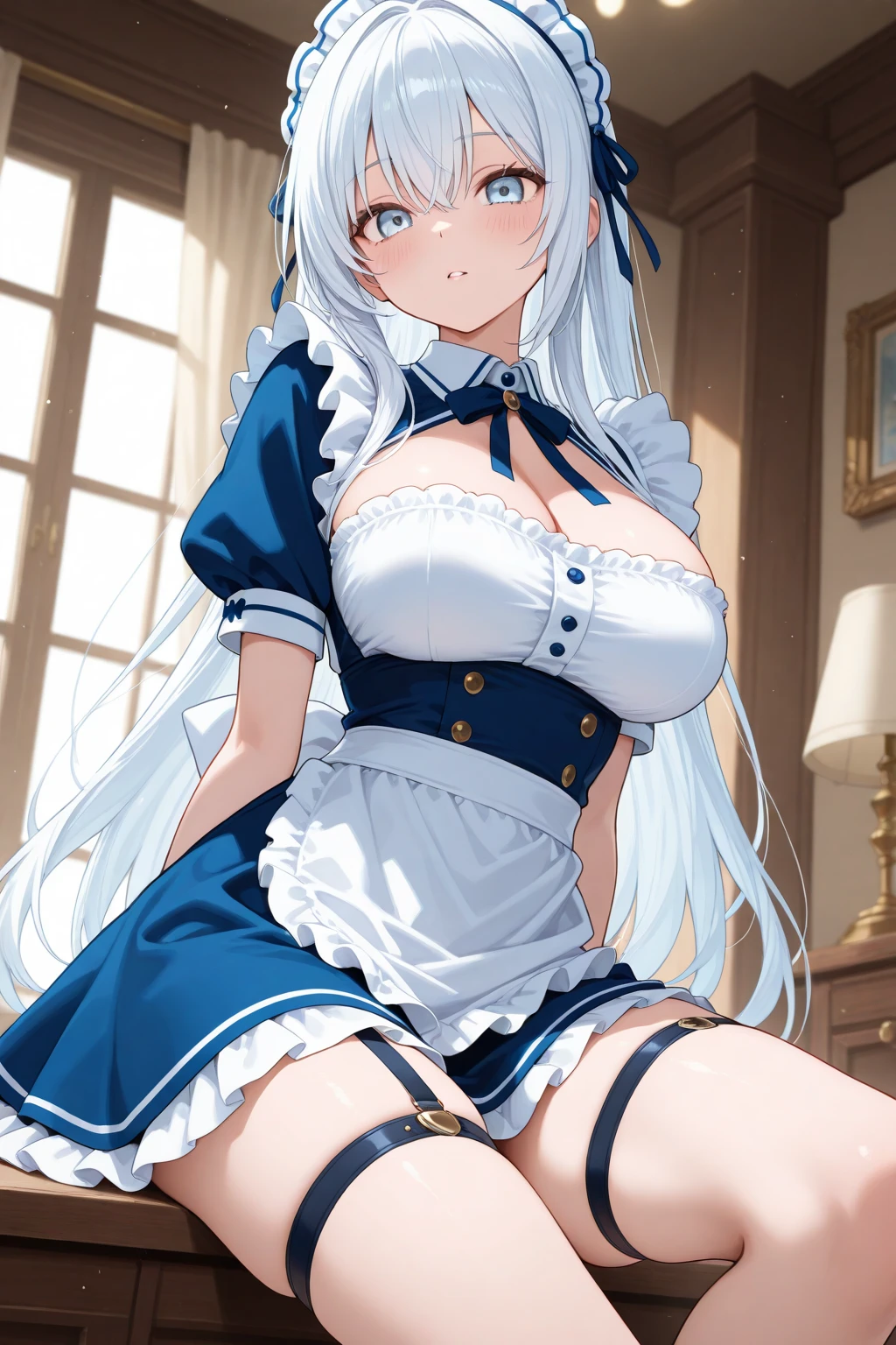 8k, masterpiece, detailed, perfect, dynamic, high quality, nsfw, 1 girl, white cat ears, long white hair, white skin, blue eyes, very big tits, full visible tits, maid, room, sitting.