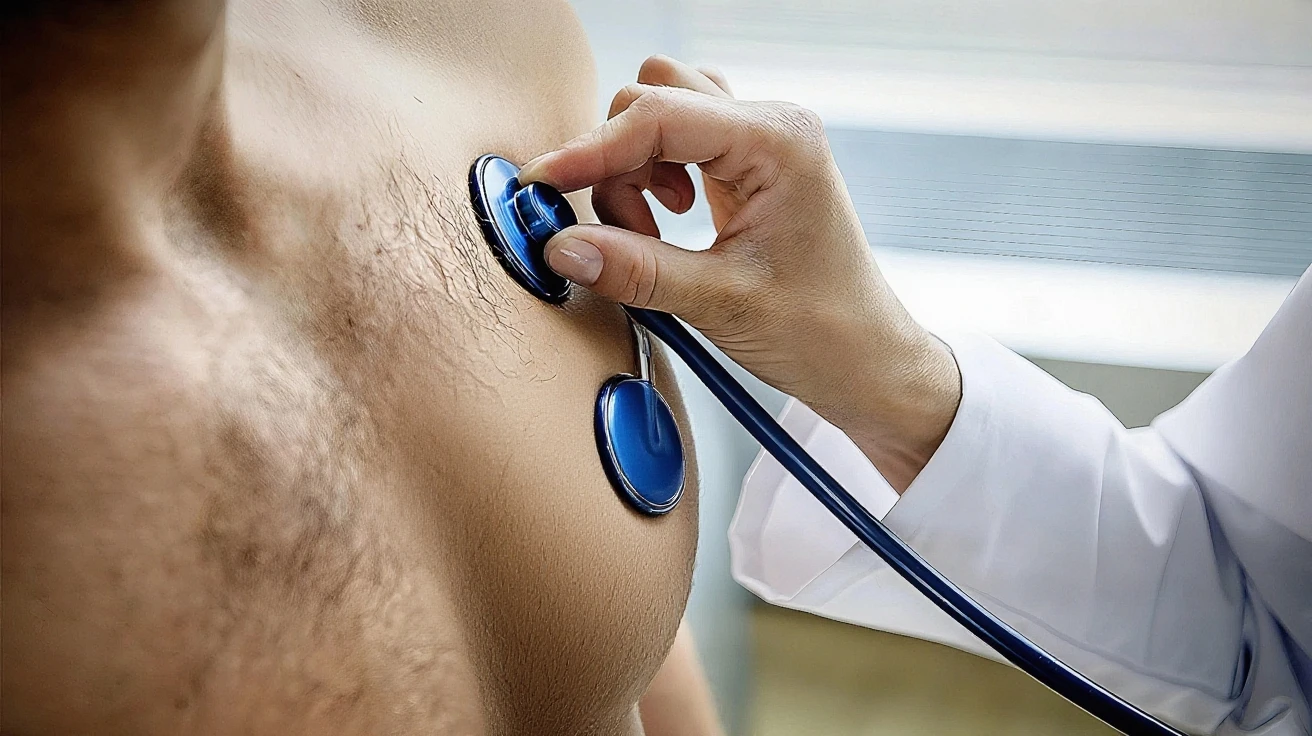 Doctor examining the armpit of a strong young man in green underwear.