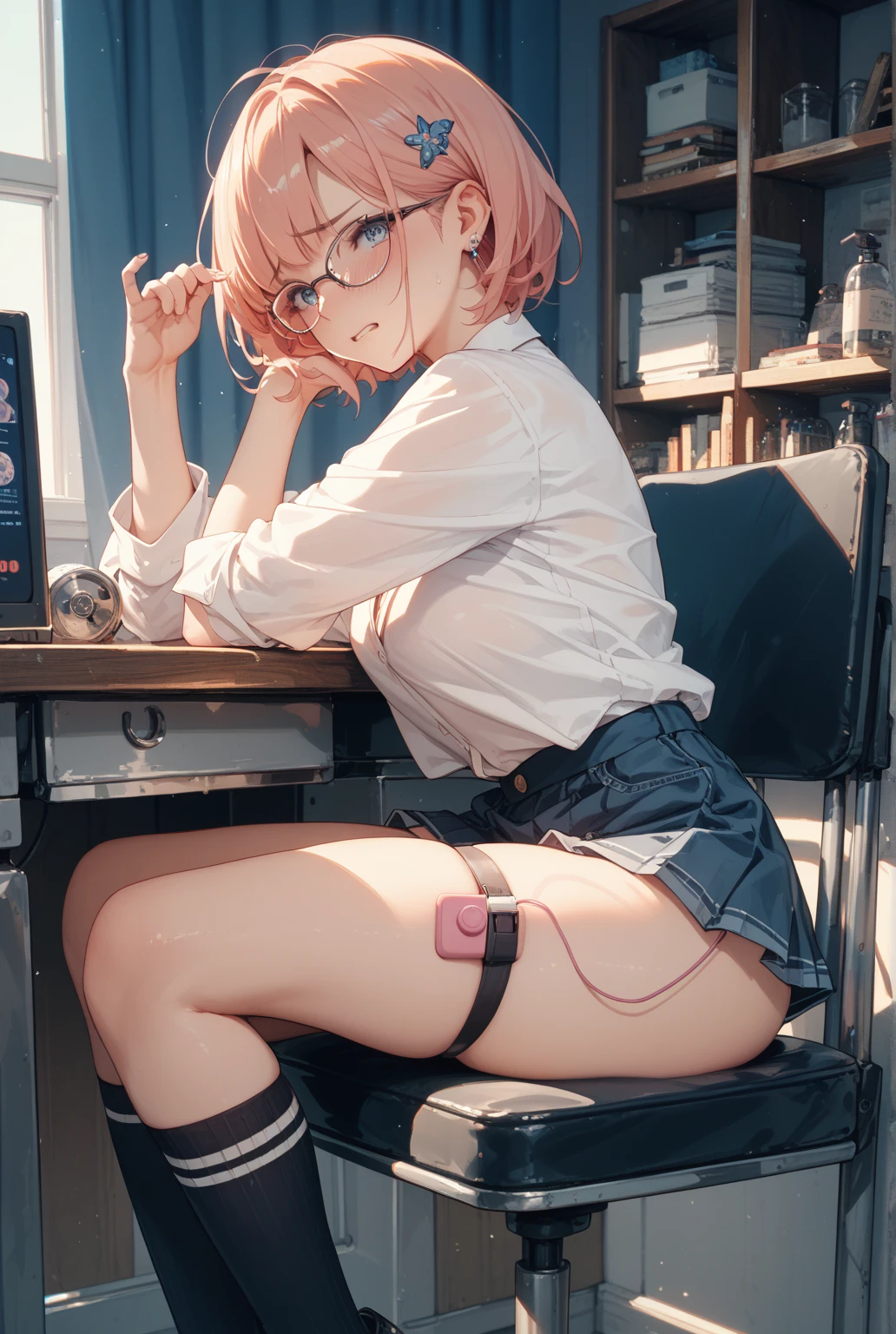 (8K, Highest quality, Highest quality, masterpiece), sit on the floor, (denim hot shorts), (mini shorts), big breasts, ((spread legs 1:2)), nm1, headphones around neck, long sleeves, blue cardigan, (pantyhose 1:2), (fullbody), smile, school uniform, open jacket