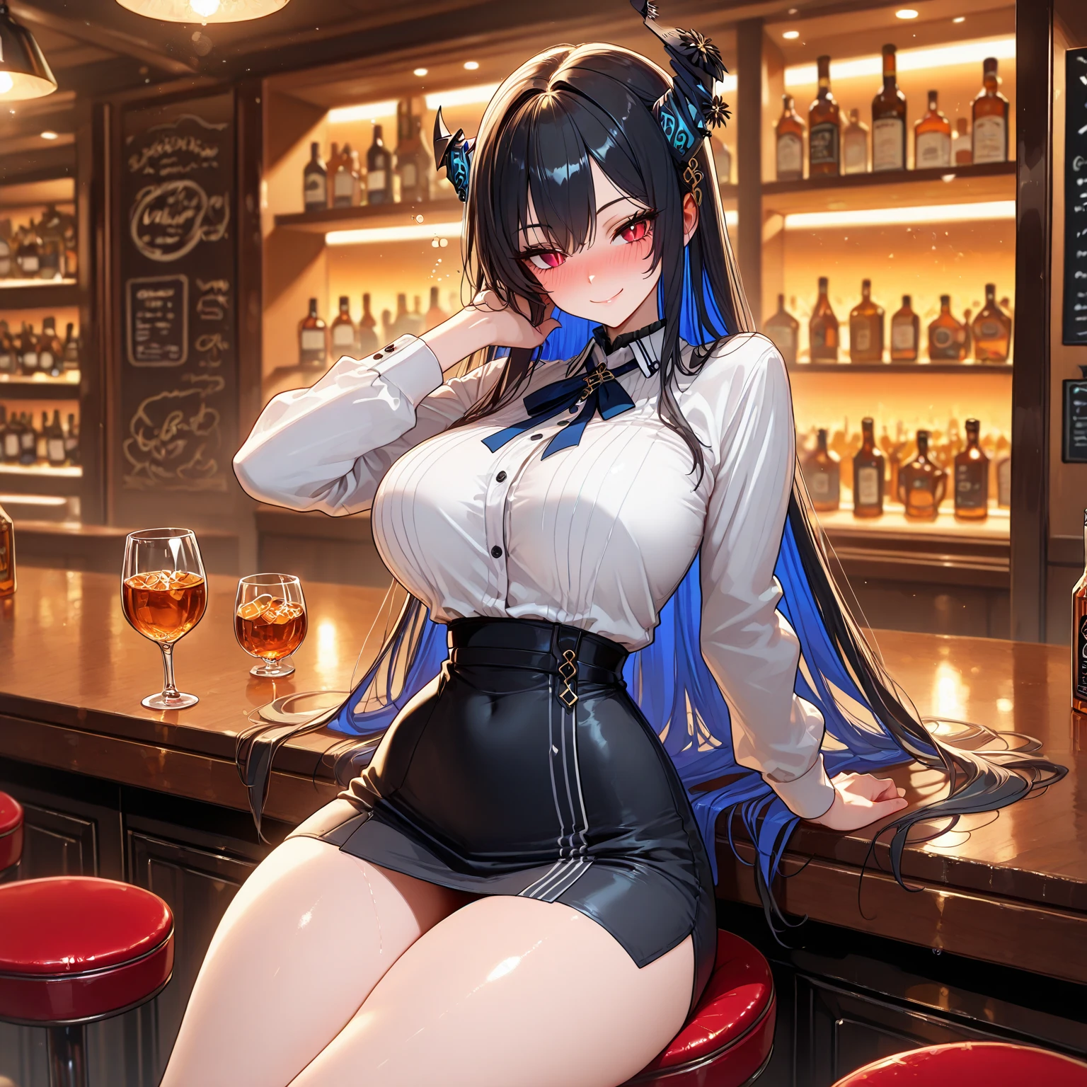 (from above:1.2),(from side:0.9), ((Face)), (Close-Up:0.4), masterpiece,"A 26-year-old girl stands at a bar counter. She is dressed in a stylish off-shoulder dress, sweater dress, off-shoulder sweater, red sweater,garter stocking, midriff, red skirts, black thighhighs, thigh strap, pretty girl, (highly detailed beautiful face and eyes,firm breasts),real skin,((black,hair,long pony tail hair)),thin pubic hair,cute and lovely pose, detailed eyes, This masterpiece is only visually stunning but also tells,(double breasted:0.6,under bust:0.6,cleavage:1.1,),(small breasts:1.2),(perky chest:1.1), (pointed chest:1.3), medium hips, glamorous body,(with sparkling eyes and a contagious smile),open mouth. The bar is beautiful, with colorful bottles of alcohol in the background and a soft glow from neon lights. The atmosphere is relaxed, and the girl looks confident and fashionable.",full body, sexy pose,make a cocktail , in a bar counter, Looking at Viewer,