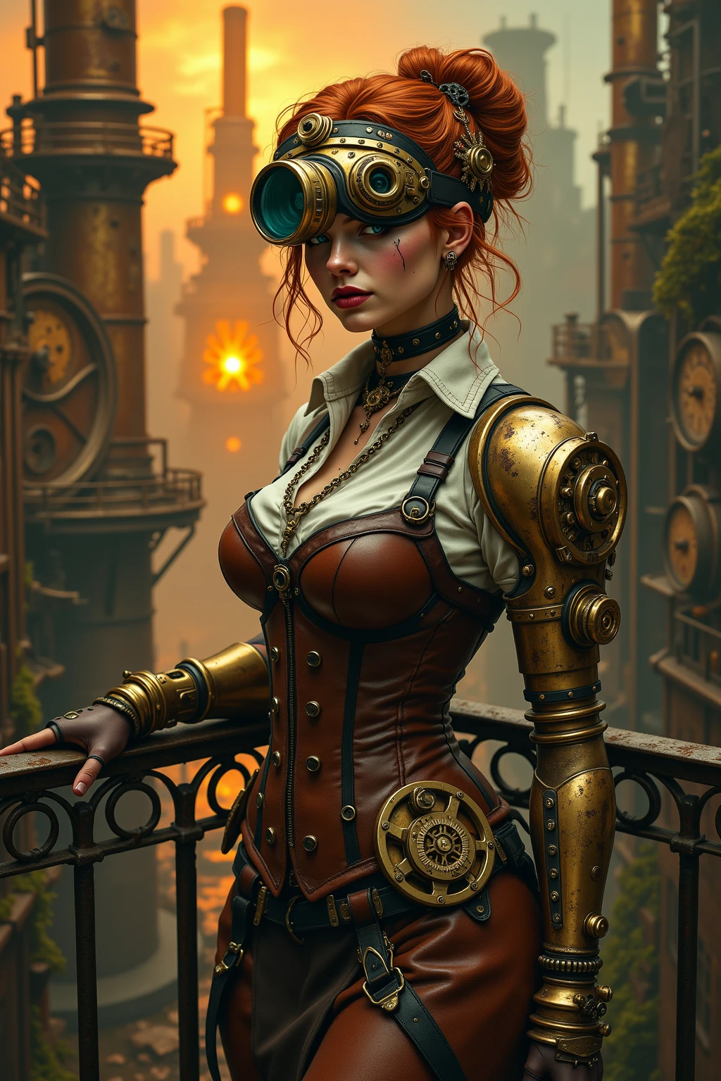 (((steampunk style))),pose sexy, big sagging breasts,camel toe,8k ultra realistic cg, picture-Perfect face, flawless, Clean, Masterpiece, professional artwork, famous work of art, Perfect face, beautiful face, pretty eyes, ((perfect female body)),big breasts, Alone, ,Skirt,,blush,((((seductive expression)))),extremely detailed_eyes,thick thighs,(Orange hair)), short hair, beautifully detailed background,depth of field,,bdsm,cutaneous denture,whole body,