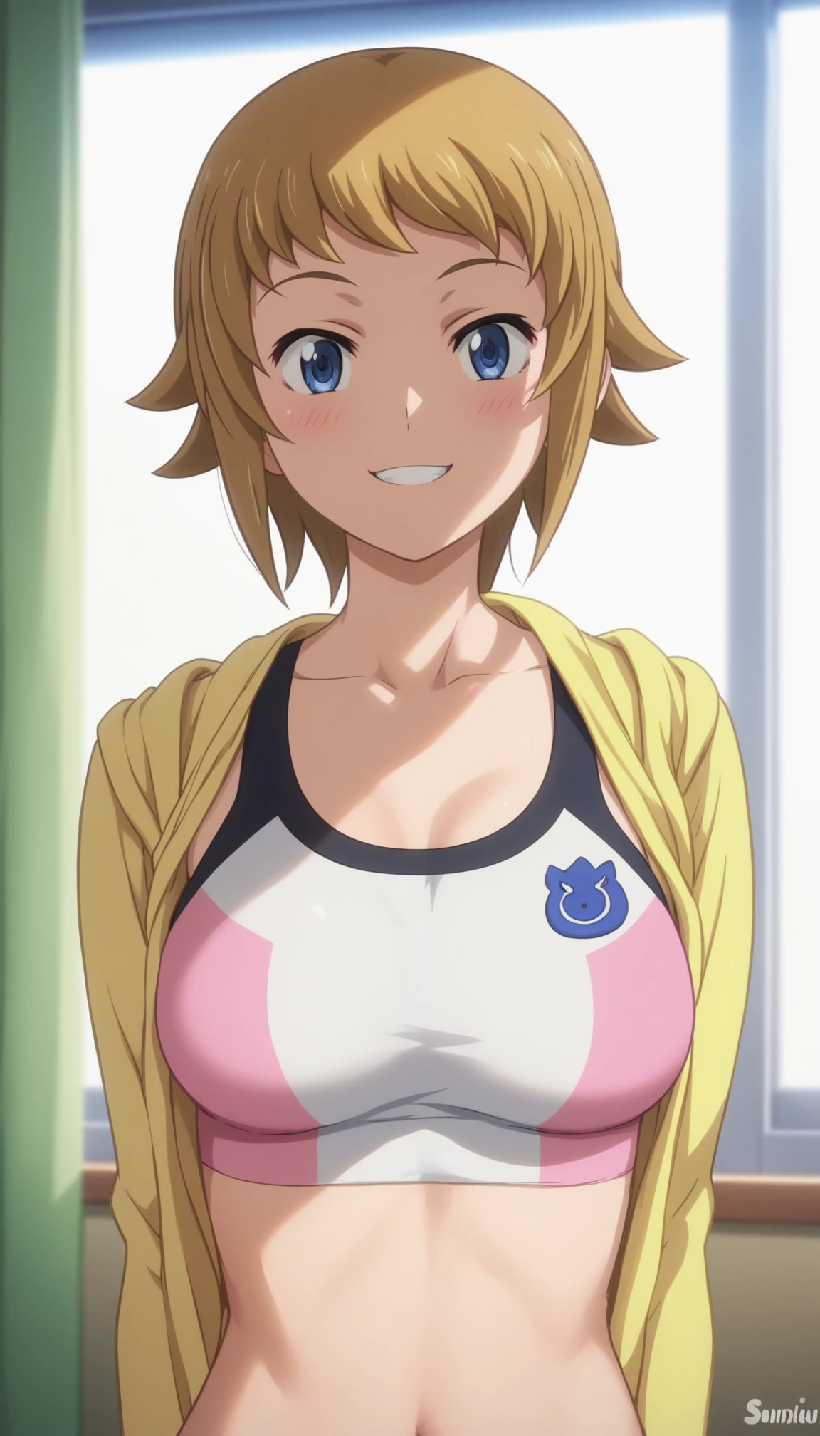 Score 9, Score 8 up, Score 7 up, The rating is questionable,
Detailed Background, Shiny skin,fumina hoshino, hoshino fumina, blue eyes, brown hair, ponytail, scrunchie,
navel, jacket, bike shorts, sports bra, yellow jacket, hoodie, collarbone, long sleeves, white sports bra, white bike shorts, pink sports bra, pink bike shorts,one woman,lingerie model,sexy pose,,large breasts,short of a person,whole body,thin,smiling,in the classroom,anime style,high quality,masterpiece,highly detailed