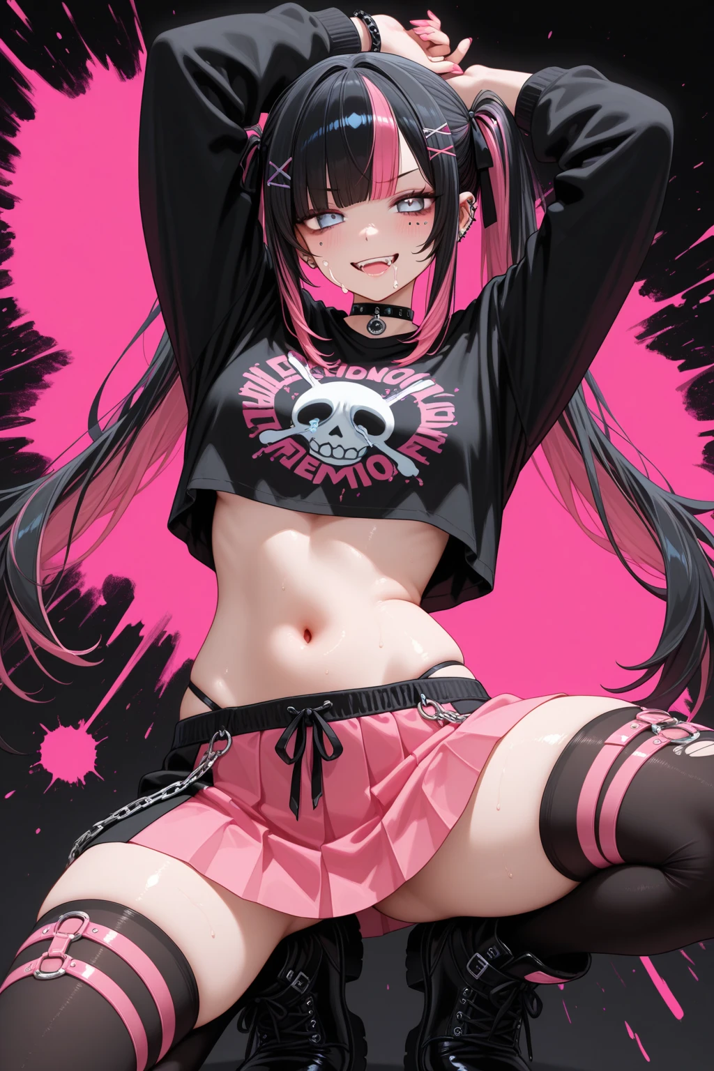 1girl, (((long black scene hair))), wearing a (((pink and white cheerleader outfit))), adult, mature face, (masterpiece, best quality:1.2), (ultra detailed), (illustration), (distinct_image), (intricate_details), (delicate illustration), (detailed face), (detailed eyes), scene girl, emo, makeup, full body, punk, poofy hair, eyeliner, emo makeup, goth, cheerleader, bully, smiling, raccoon ears, raccoon tail