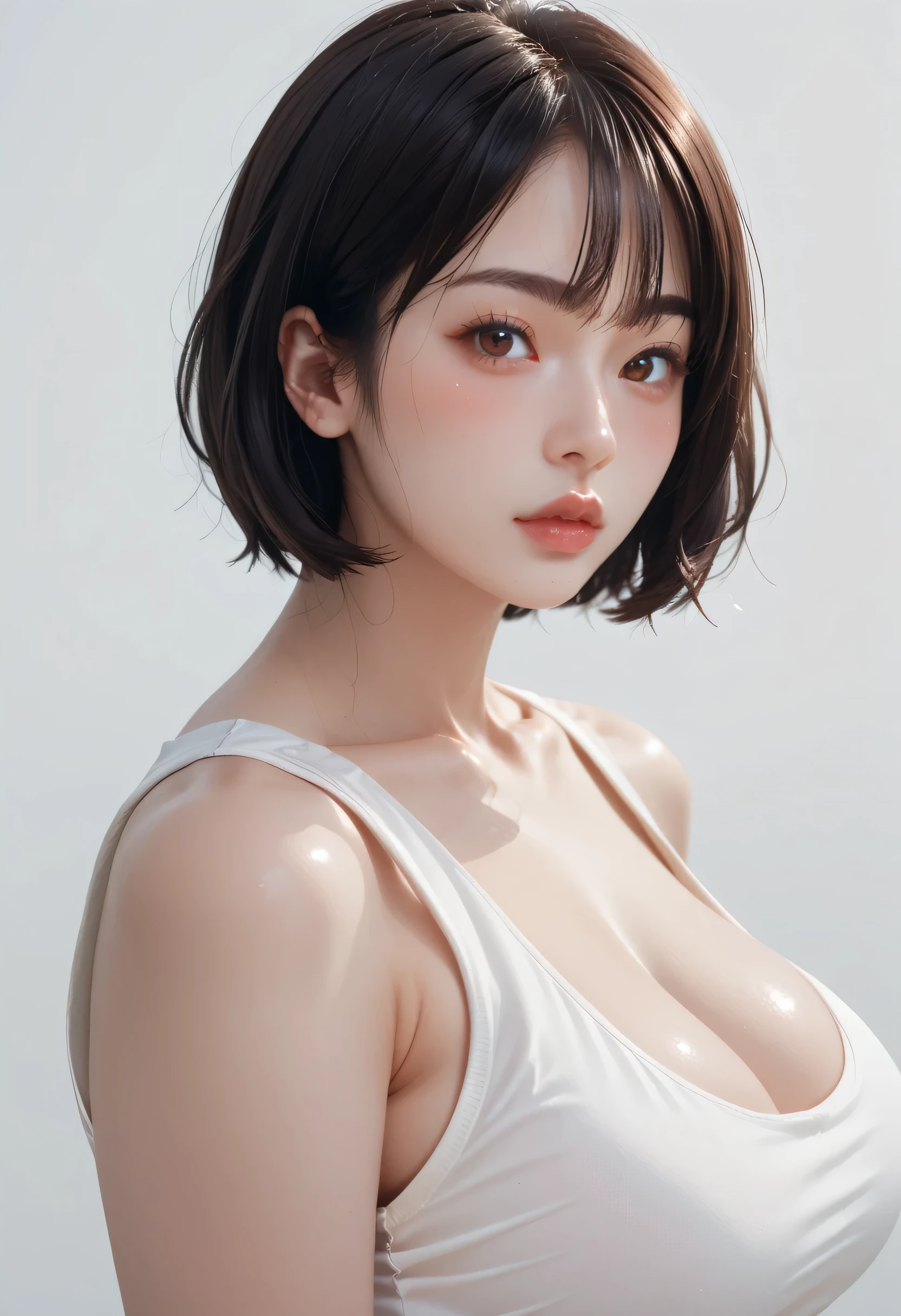 (Best Quality, 8k, 32k, Masterpiece, UHD: 1.2), Cute Japan Woman Pictures, One Girl, (Big), (Tall Women), (Abs), (Lips), Closed Mouth, (Medium Short), Double Eyelids, Wet Skin, Only One Very Beautiful Woman, Very Sexy Body, Gaze Looking Directly At the Camera, Golden Ratio Face, Golden Ratio Body, Big Breasts Looking Directly At the Camera, Non-permanent sexy look, chest between arms to create cleavage, chest closer, coquettish smile, very happy smile, skin luster, big eyes, highlights in pupils, clear double eyelids, eyelashes, long neck, beautiful short hair, glossy dark black hair, bangs, snow-white background, what (best quality, 8k, 32k, masterpiece, UHD: 1.2), Cute Japan woman photo, big breasts, very short bob hair, upper body, (oversized_sweater, :1.1) necklace, simple background, look around, only one very beautiful woman, very sexy body, gaze looking directly into the camera, golden ratio face, golden ratio body, big breasts looking directly at the camera, non-permanent sexy expression, Chest between arms to create cleavage, chest closer, coquettish smile, very happy smile, skin luster, big eyes, highlights in pupils, clear double eyelids, eyelashes, long neck, beautiful short hair, glossy dark black hair, bangs, pure white background, empty background, transparent white off-shoulder, clothes that seem to be visible but not visible, overwhelming charm, background, Transparent white off-shoulders, clothes that seem to be visible but invisible, overwhelming charm,