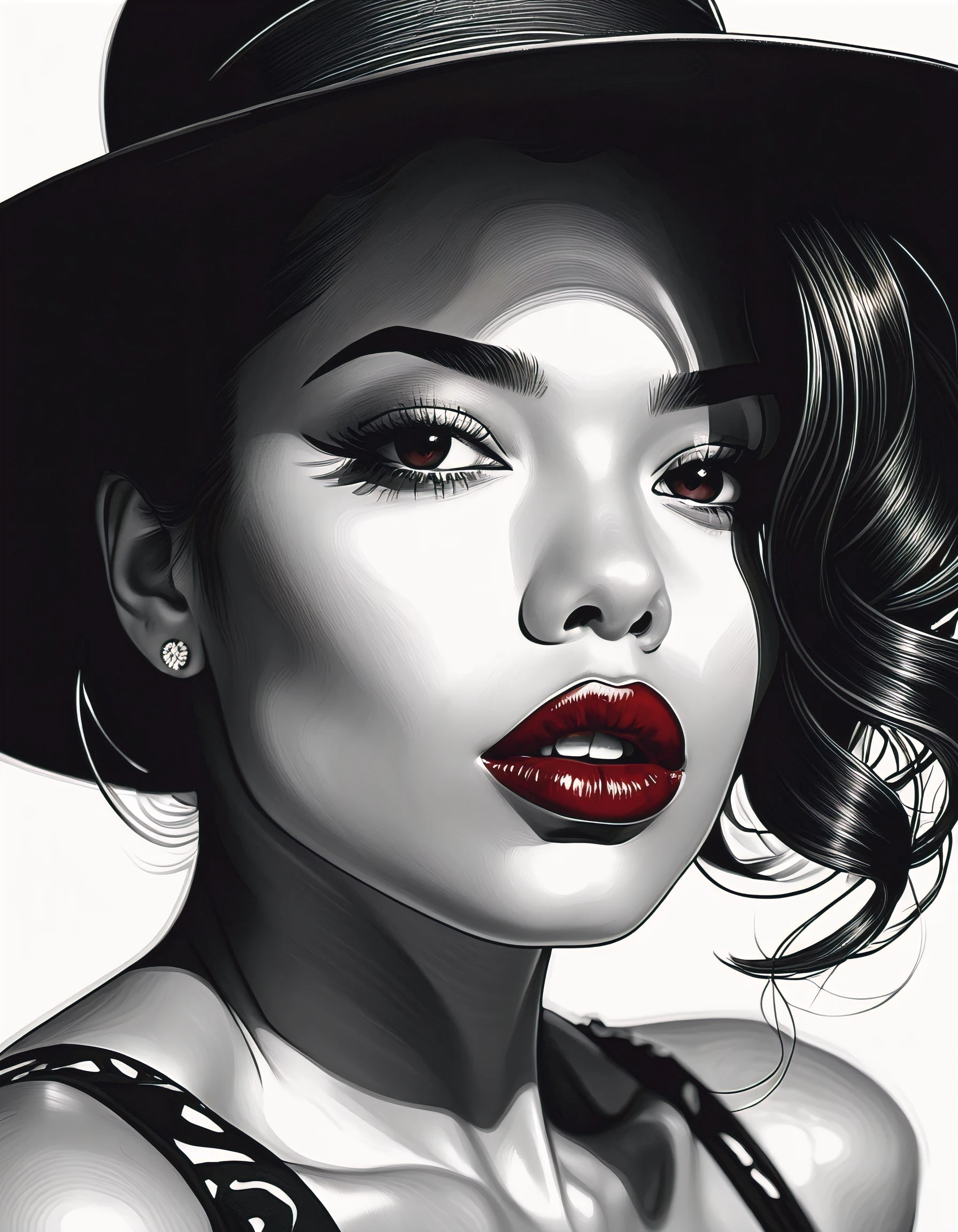 female, fantasy, beauty, in the style of noir comic art, realistic hyper-detailed portraits, black and white grayscale, chicano art, dark cherry red lipstick, realistic yet romantic, flowing lines --ar 23:36 --stylize 750