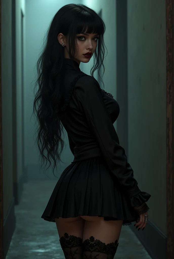 1girl, gothic, heavy dark make up, standing, brown eyes, black hair, long hair, indoors, night, <lora:AshTALYN_SOD3:0.8>, score_9, score_8_up, score_7_up
