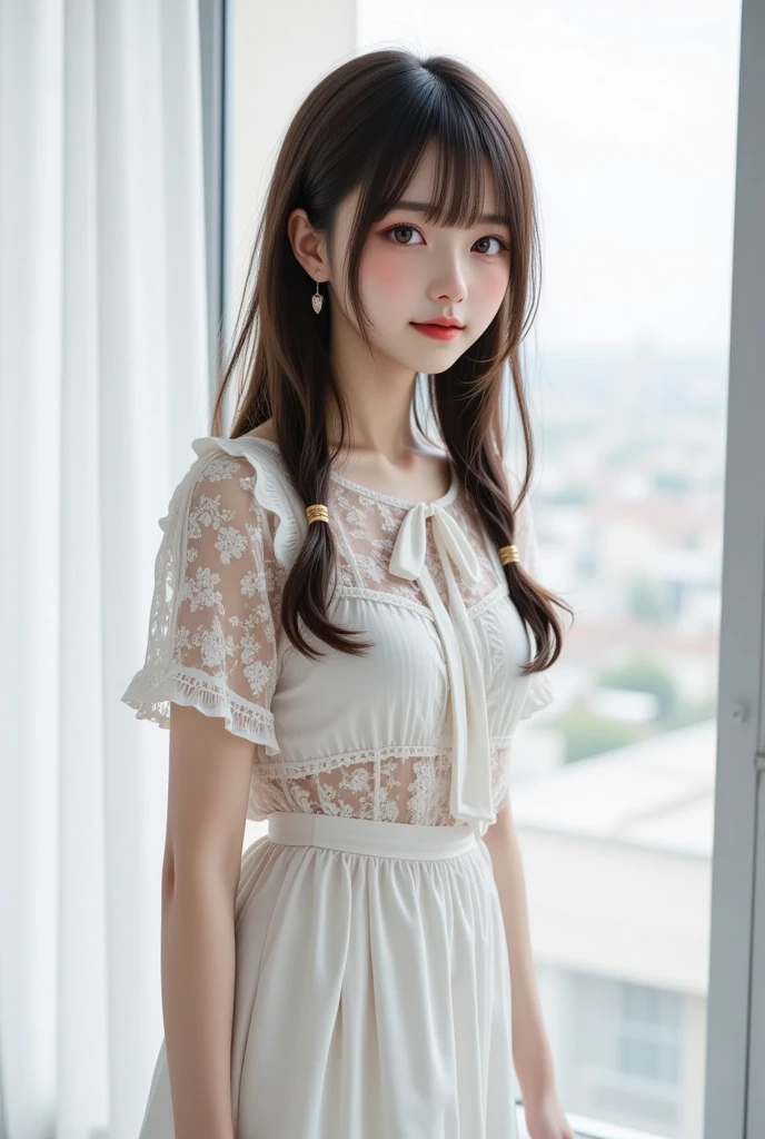 masterpiece, highest quality, High resolution,super detailed, amazingly beautiful woman,1girl girl, (beautiful girl, Delicate girl:1.4),break, (21 years old:1.4), break, Twenties, straight, full body, looking at the viewer, hair ornaments, brown hair, twin braids, bangs,
