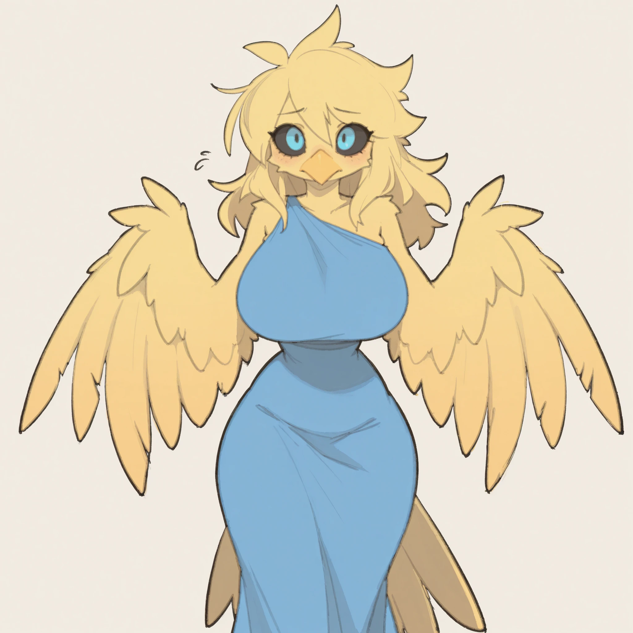 masterpiece, ultra-HD, impressionism, high detail, best quality, very aesthetic, 8k, best quality, beautiful, tmchng, 1girl, solo, anthro furry, canary, yellow feathers, long blonde hair, black sclera, blue eyes, bird wings, winged arms, wings instead of arms, beak, bird tail, feathers, huge breasts, narrow waist, wide hips, thick thighs, blue dress, blushed, shy, cute, standing, looking at viewer, simple background, from the front view