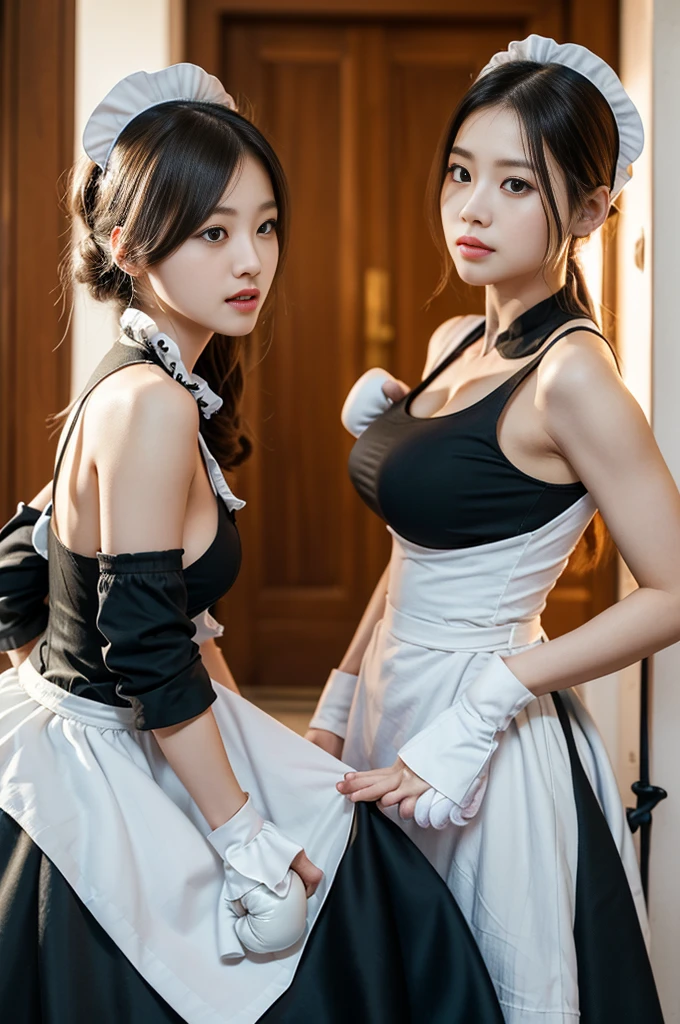(top-quality)、 (masterpiece)、(Professional lighting with fewer shadows)、 (Bewitching)、 (A hyper-realistic)、(Stylish), (perfect anatomia)、(3People Girls、Bend over and stick your butt out towards the camera), ( Huge breasts:1.5), (Bright and even whitening skin without wrinkles and steps), (Beautiful cool blue eyes with long eyelashes and red tear bags)、 (Braided half-up hair fluttering in the wind), (The costume is naked and wearing only a ruffled apron:1.7), (To beautifully emphasize the proud super big ass、Showing off a pose with the buttocks exposed from directly behind:1.5), (Bewitchingly touching each other's breasts and crotches), (detailed beautiful faces), (Shot in a garden full of flowers),