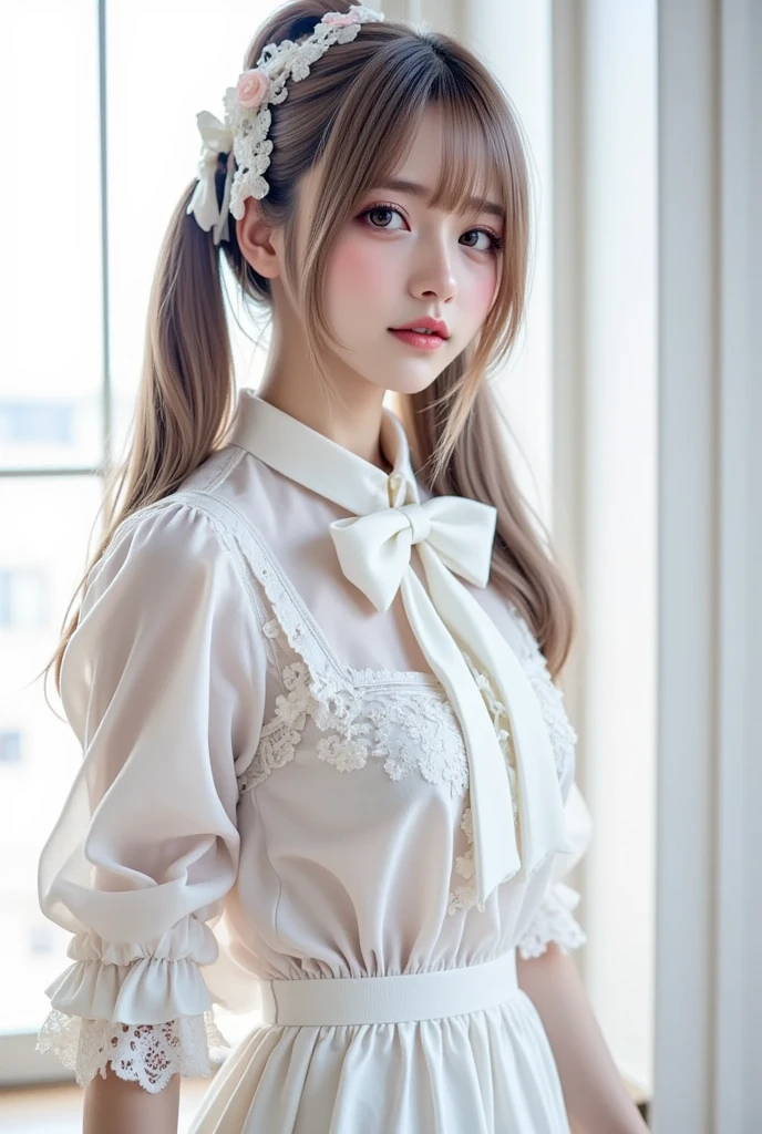 master piece , best quality , detailed , blouse , skirt , sitting , (from front) , bed room , indoor, Shiny platinum blonde silk super long straight hair, beautiful shiny bangs, big clear sky blue eyes, very beautiful bright eye highlights, Embarrassing, Blushing
