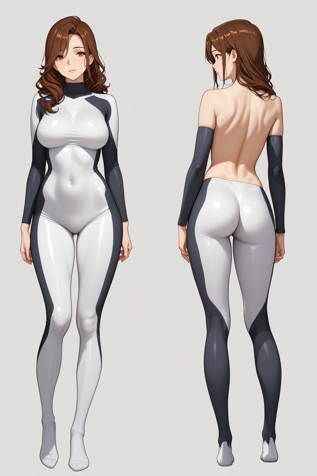 Detailed character sheet, Front view, Side view, Diagonal view, with a white returnground, show women, 30 years old, with short dark brown hair combed return, Wearing light pastelgoth clothing, Wearing tight leggings. The seat includes different angles, Front etc., return, and Side views, Model sheets and reference sheets, Full-body painting. Proportions are based on a 7.5 head scale.